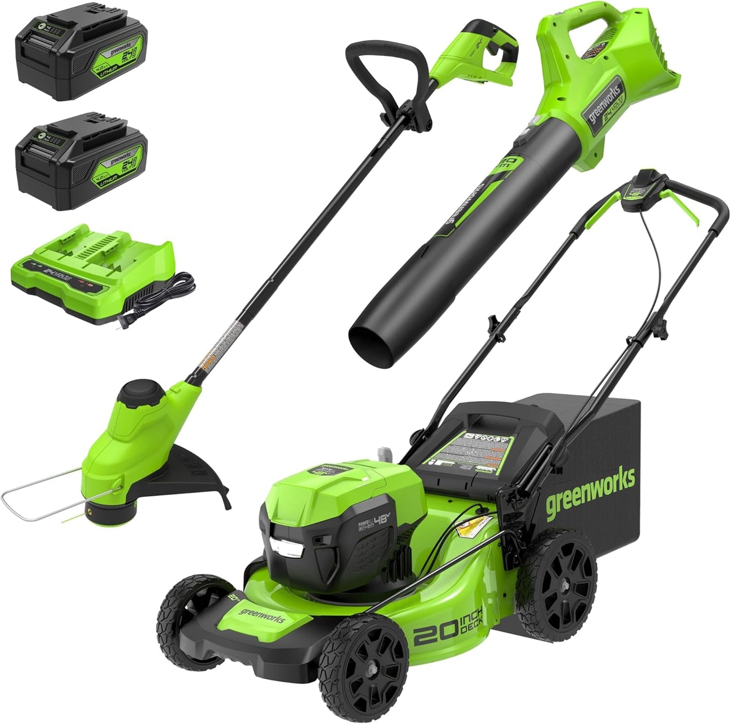 Greenworks 48V (24V x 2) 20" Brushless Cordless Lawn Mower + 12" String Trimmer + 320 CFM Leaf Blower Combo Kit with (2) 4.0Ah Batteries & Dual Port Fast Charger