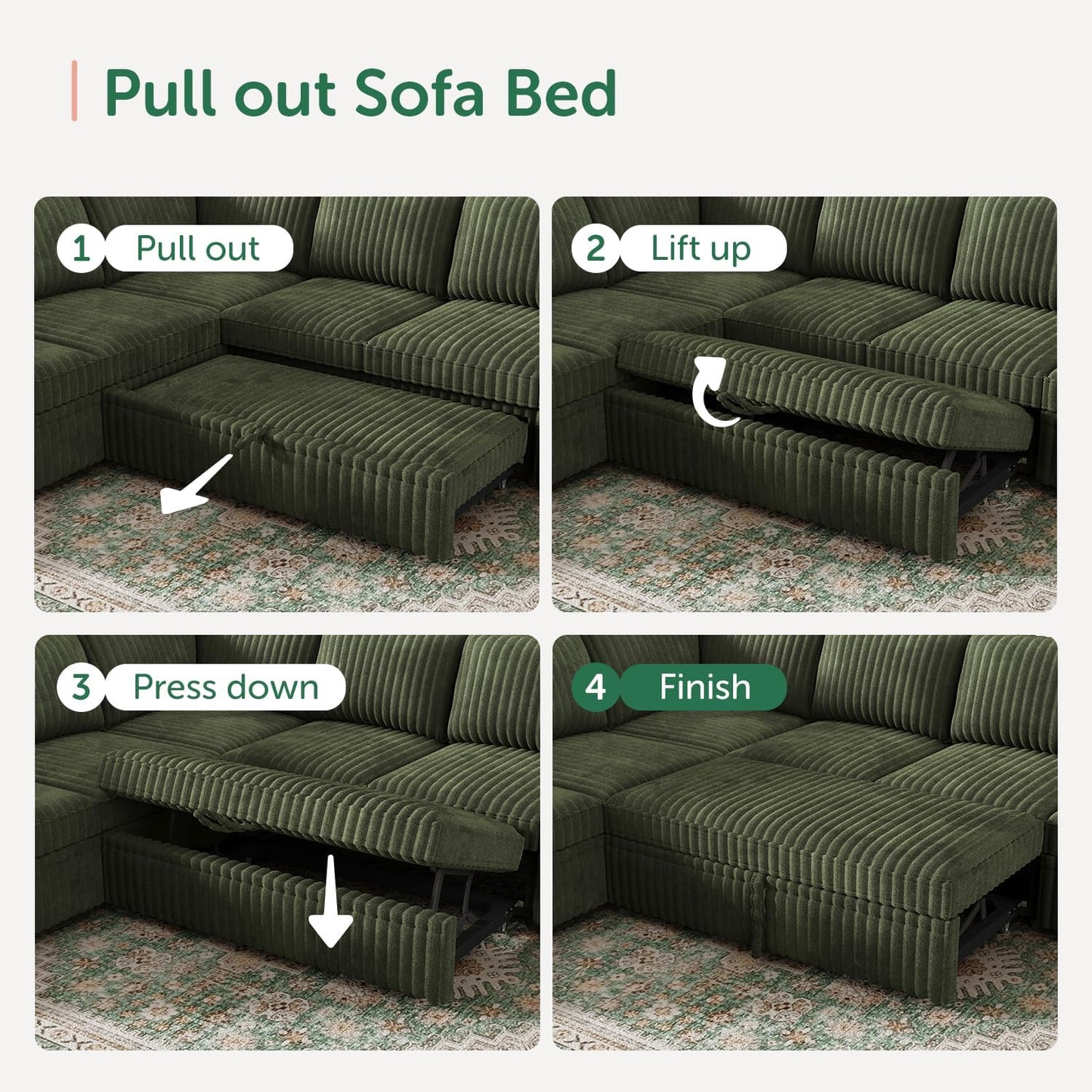 HONBAY Modular Sectional Sleeper Sofa with Pull Out Bed,Corduroy L Shaped Couch with Storage, Sectional Couches for Living Room,Green