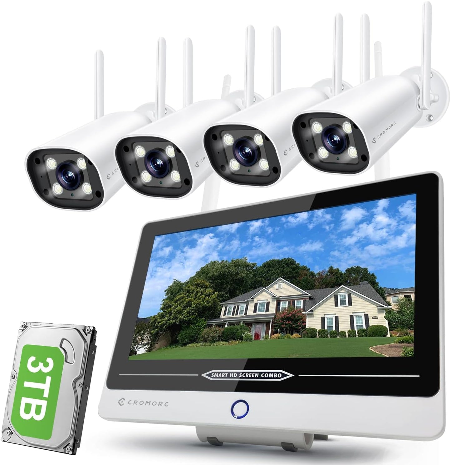 Wireless Security Camera System with 12" Monitor, Human Detection, Floodlight, Siren Alarm, 2-Way Audio, 4PCS 5MP Camera, Expandable 16CH NVR, Home Business Surveillance, 3TB HDD