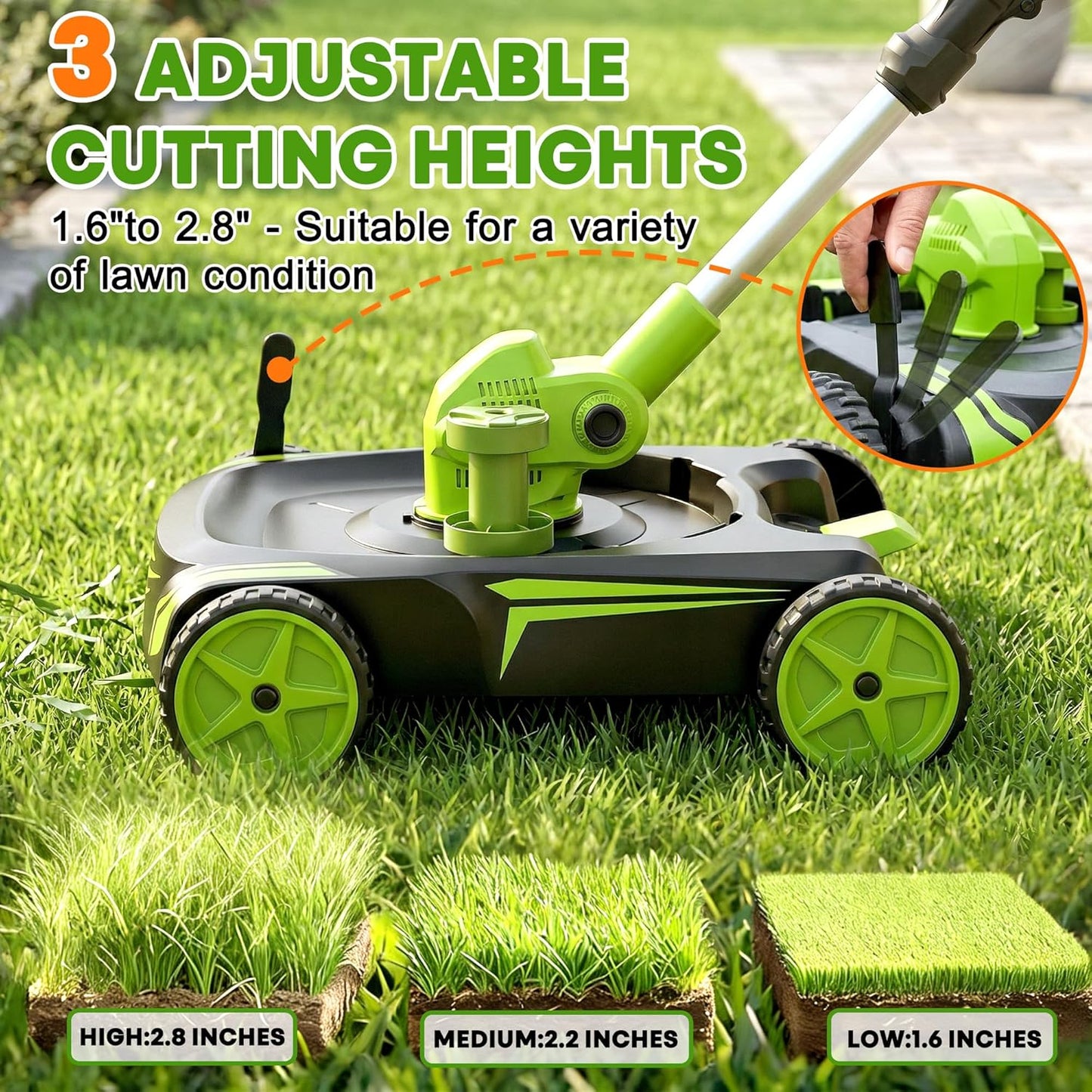 4-in-1 Electric Small Lawn Mower with Detachable Wheeled Base, 3 Position Cutting Height, Cordless Mini Push Mower Battery Powered for Garden/Yard/Farm, Gardening Gifts for Parents, Seniors, Women