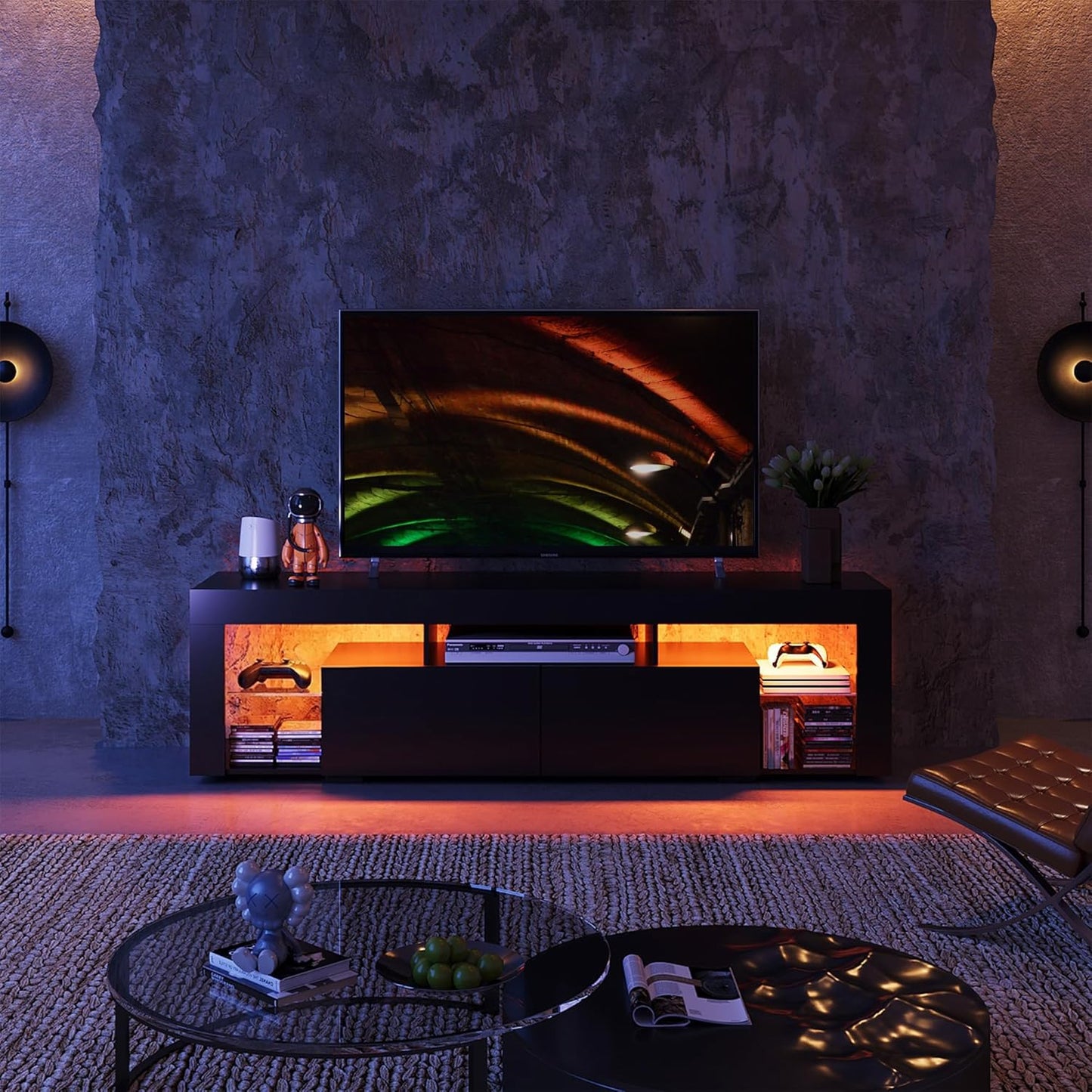 WLIVE 63 inch TV Stand for 50 55 60 65 70 Inch TVs, Modern Entertainment Center with LED Lights & 2 Large Storage Drawers, TV Console Gaming Media Television Stands for Living Room, Bedroom(Black)