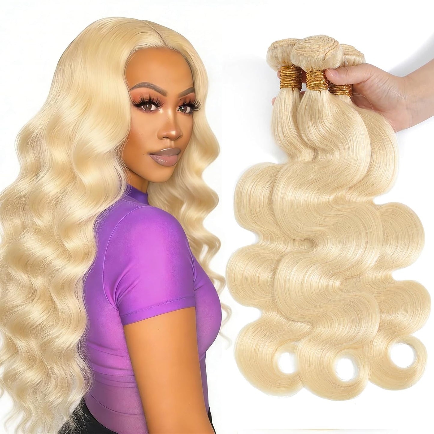 613 Bundles Human Hair Blonde Body Wave Bundles 16 18 20 inch 100% Unprocessed Virgin Sew in Weft Hair Extensions Real Human Hair Quick Weave Bundles Dyeable 613 Bundles