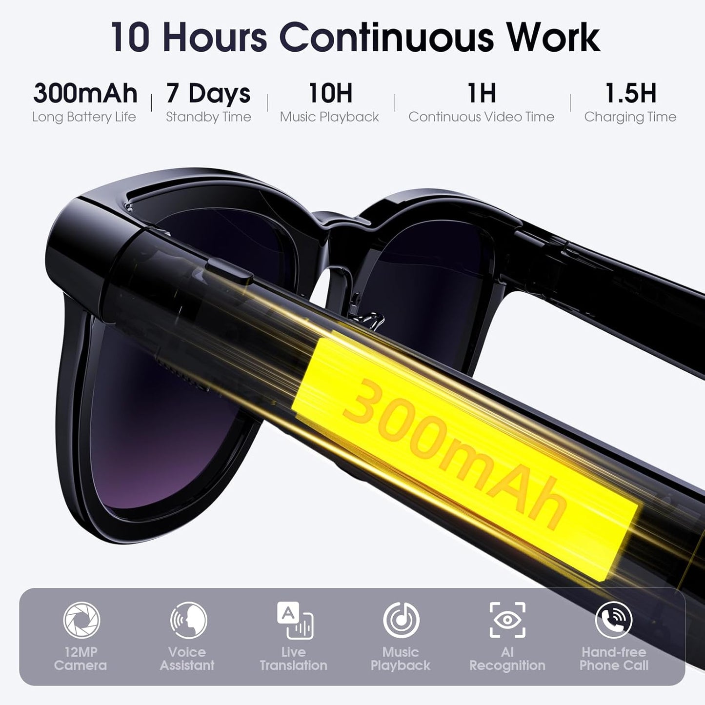 AI Smart Glasses with Camera, 8MP Camera Glasses for Life Vlog Travel Work, 4K Video Recording Sunglasses for Women Men, Real-Time Translation, Voice Assistant, Hands-Free Calls,Open-Ear Audio, 3 Lens