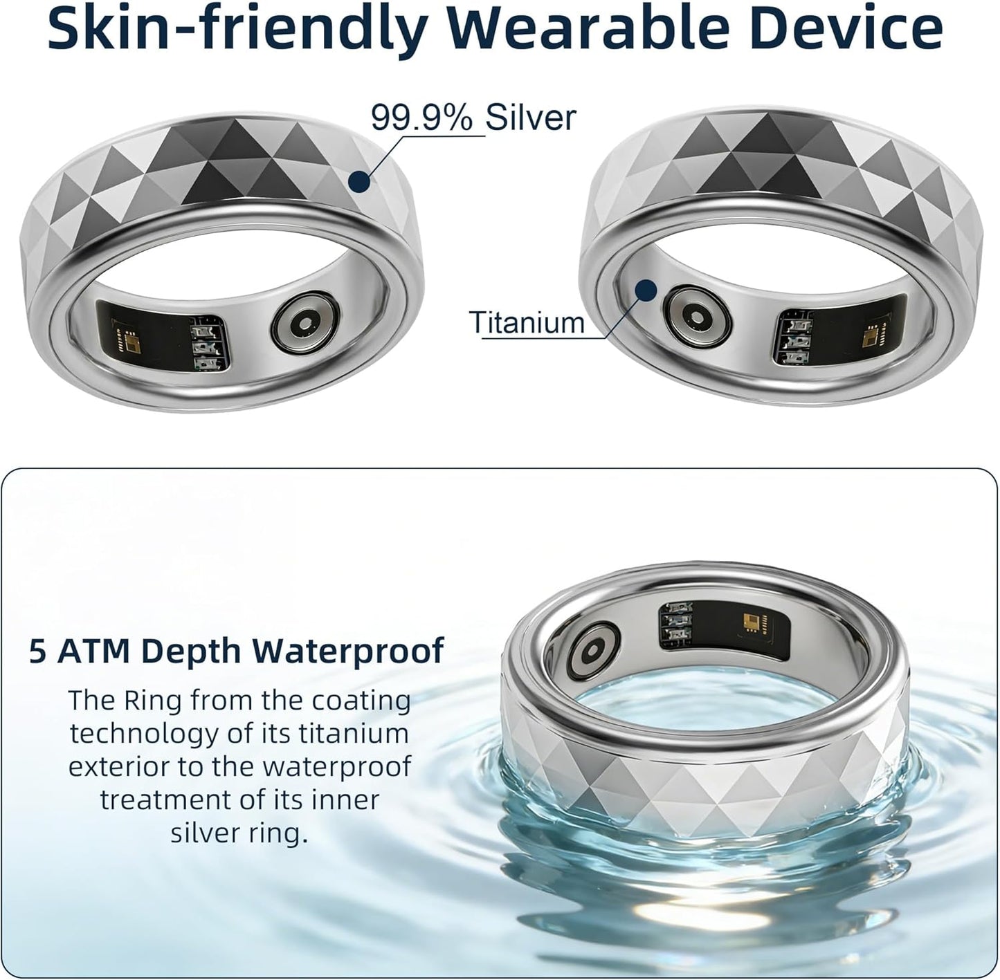 Smart Ring for Women & Men, Fitness Tracker Silver Rings with Heart Rate, Blood Oxygen, Sleep & Step Counting, Waterproof, No Subscription Fee, 24H Wearable Health Tracker