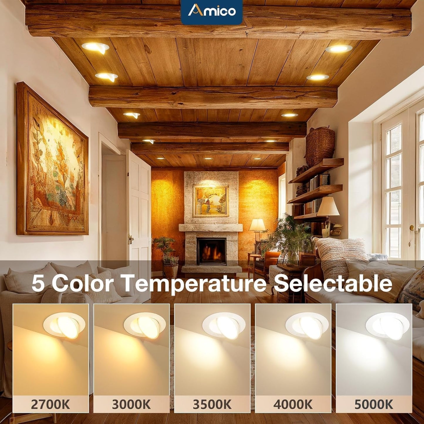 Amico 12 Pack 6 Inch 5CCT Gimbal LED Recessed Ceiling Light, 360°&90° Adjustable Eyeball Directional Can Lights, Dimmable Retrofit Wafer Downlight with Jbox, 12W 1200LM CRI90+, White, ETL&FCC