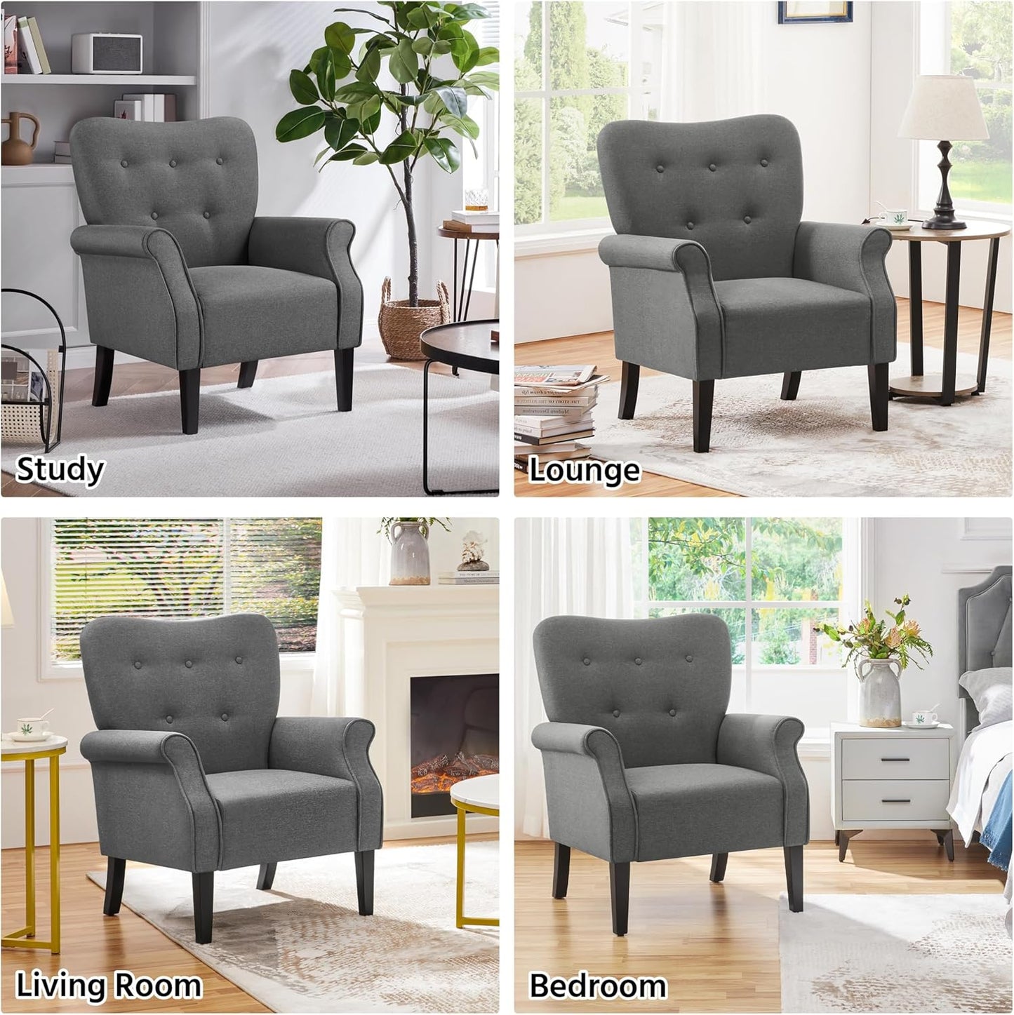 Yaheetech Modern Armchair, Mid Century Accent Chair with Sturdy Wood Legs and High Back for Small Space, Upholstered Fabric Sofa Club Chair for Living Room/Bedroom/Office, Set of 2, Dark Gray