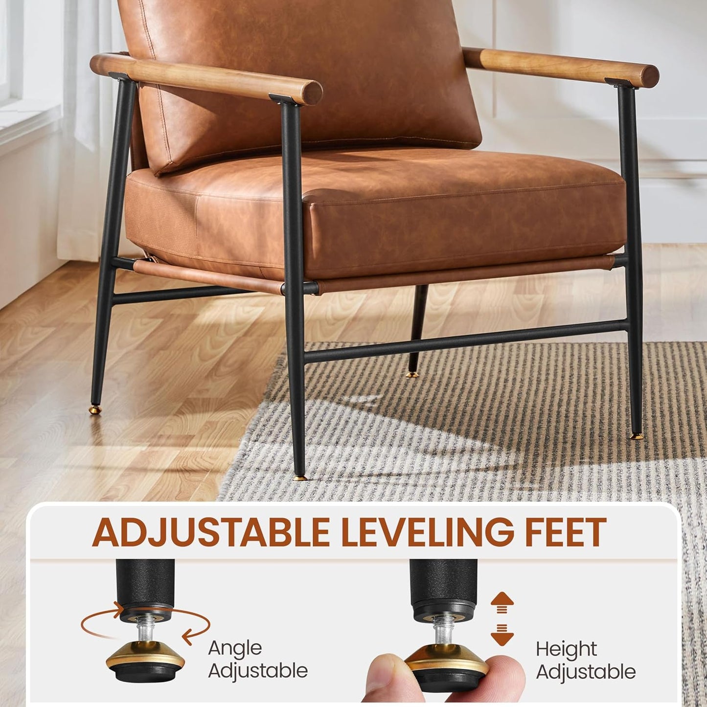 Yaheetech Accent Chair Set of 2, PU Leather Living Room Chair Back Pillow Modern Lounge Chair Wooden Arms Metal Frame Bedroom Waiting Room Retro Brown