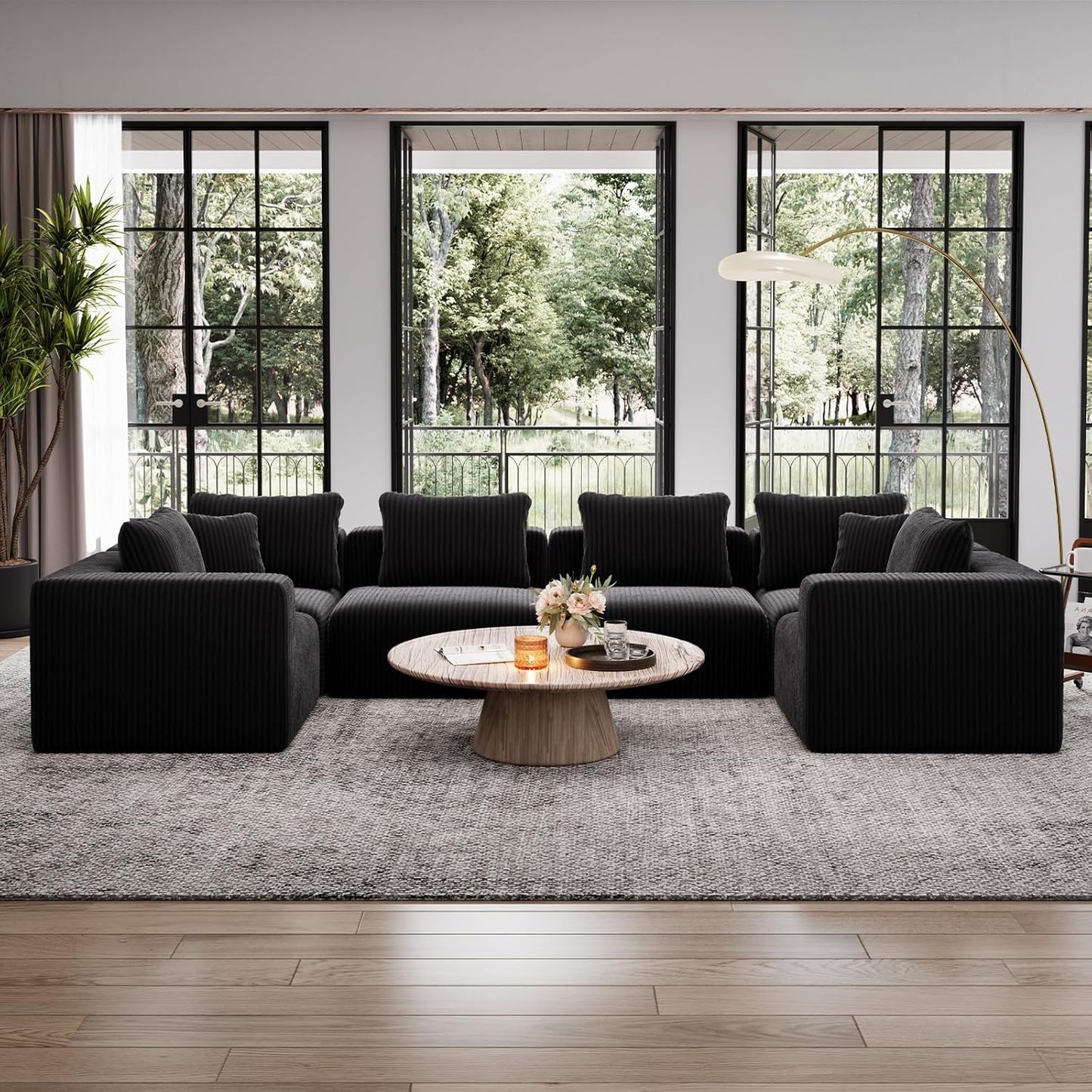 Avenco 141” 6-Seat Modular Sectional Sofa Couch, Individually Wrapped Coil Support & Corduroy Fabric, Zero Assembly 6-Piece Set for Large Living Room, Black