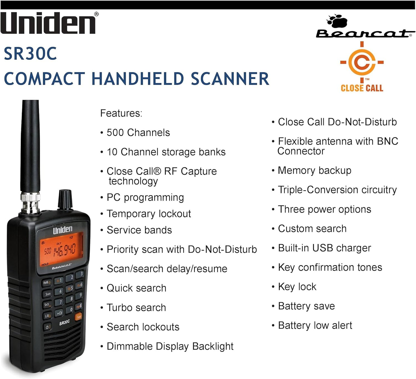 Uniden Bearcat SR30C, 500-Channel Compact Handheld Scanner, Close Call RF Capture, Turbo Search, PC programable, NASCAR, Racing, Aviation, Marine, Railroad, and Non-Digital Police/Fire/Public Safety