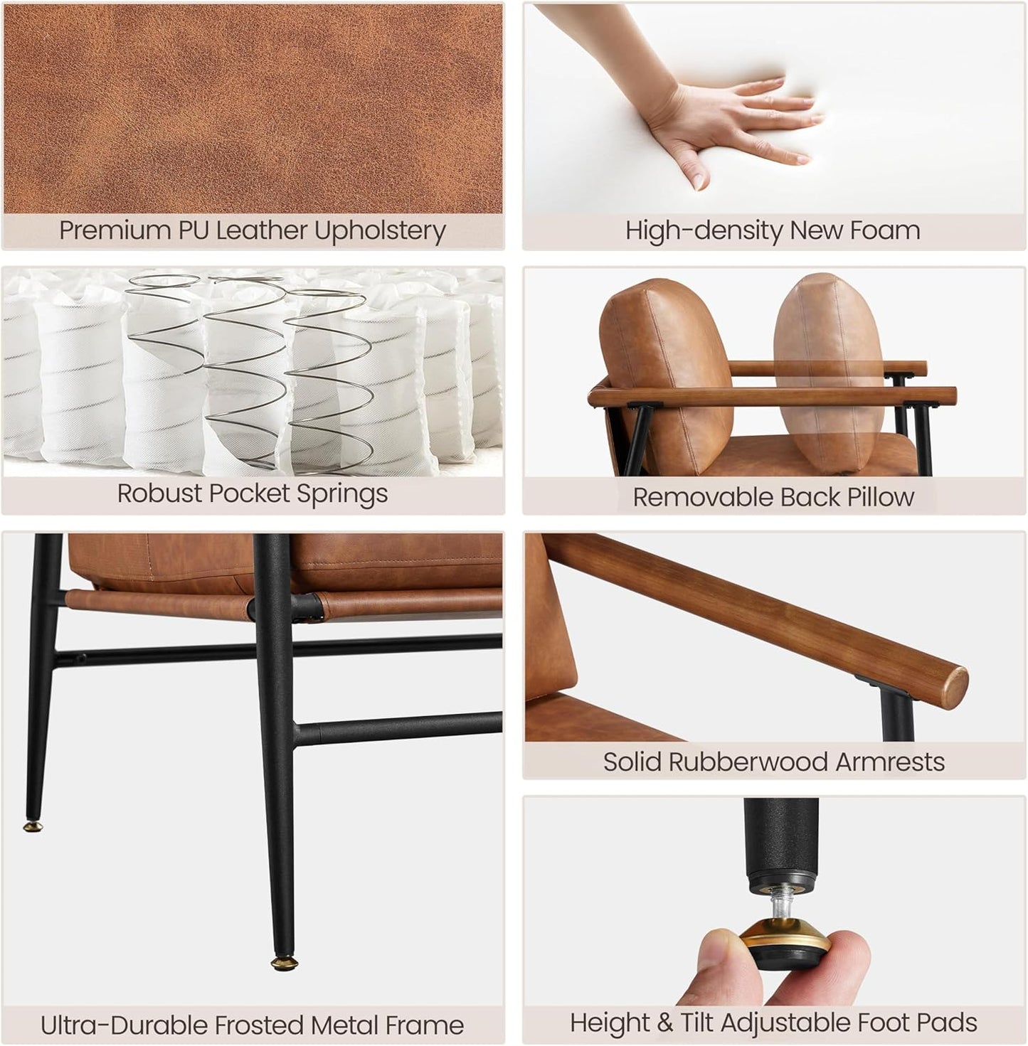 Yaheetech Accent Chair Set of 2, PU Leather Living Room Chair Back Pillow Modern Lounge Chair Wooden Arms Metal Frame Bedroom Waiting Room Retro Brown