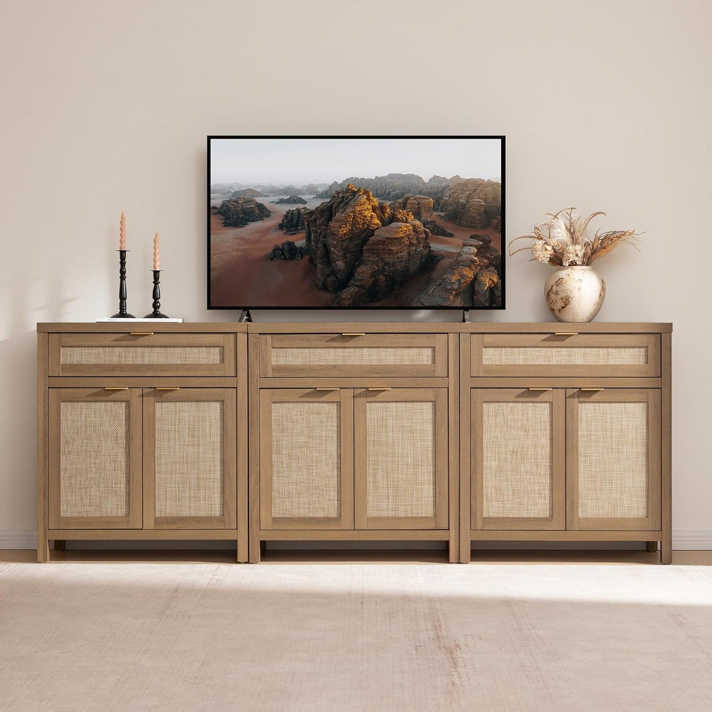 SICOTAS Sideboard Buffet Cabinet Set of 3, Rattan Credenza Storage Cabinet, Boho Buffet Table Console Cabinets with Drawer, Farmhouse Coffee Bar for Living Room, Natural Oak