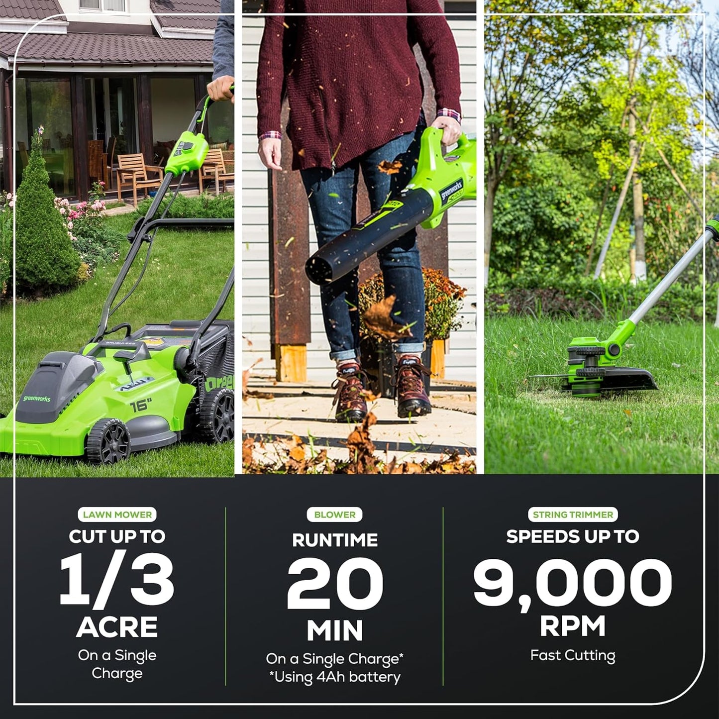 Greenworks 40V 16" Brushless Cordless (Push) Lawn Mower + Blower (350 CFM) + 13" String Trimmer (Bonus Spools), 4.0Ah + 2.0Ah Battery and Charger Included (75+ Compatible Tools)
