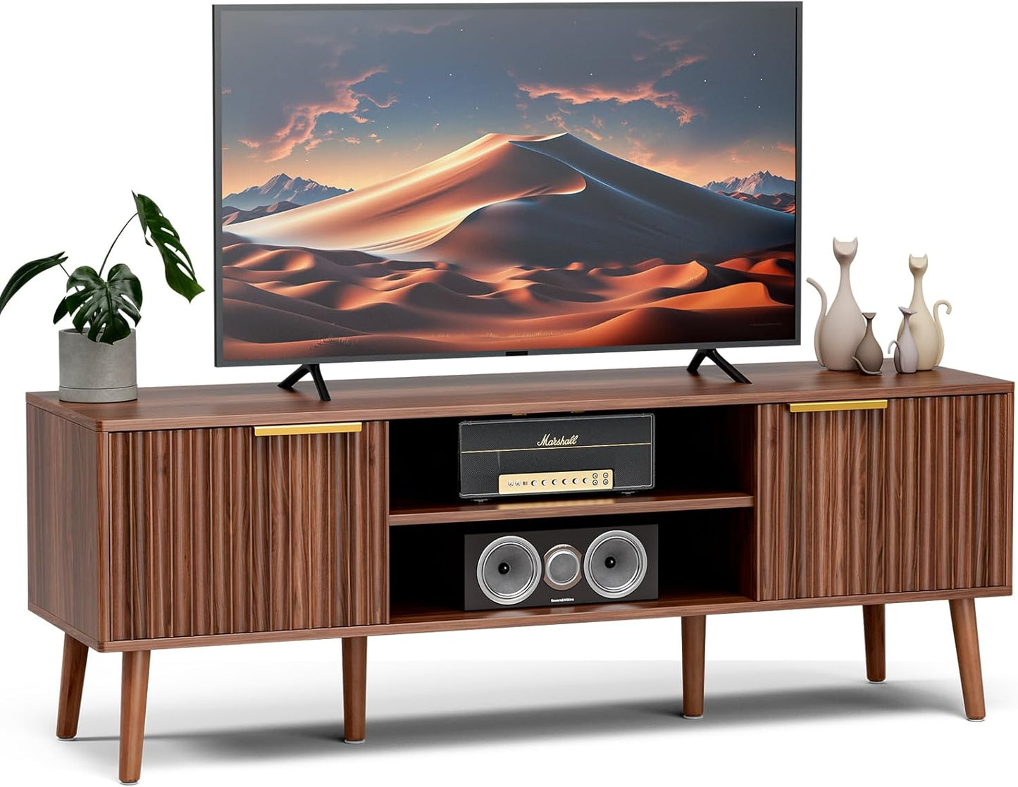 LCRBOL TV Stand for Living Room, Mid Century Modern Entertainment Center for 55/60 inch TVs, TV Console with Fluted Door Cabinets and Open Shelves, for Bedroom, Walnut