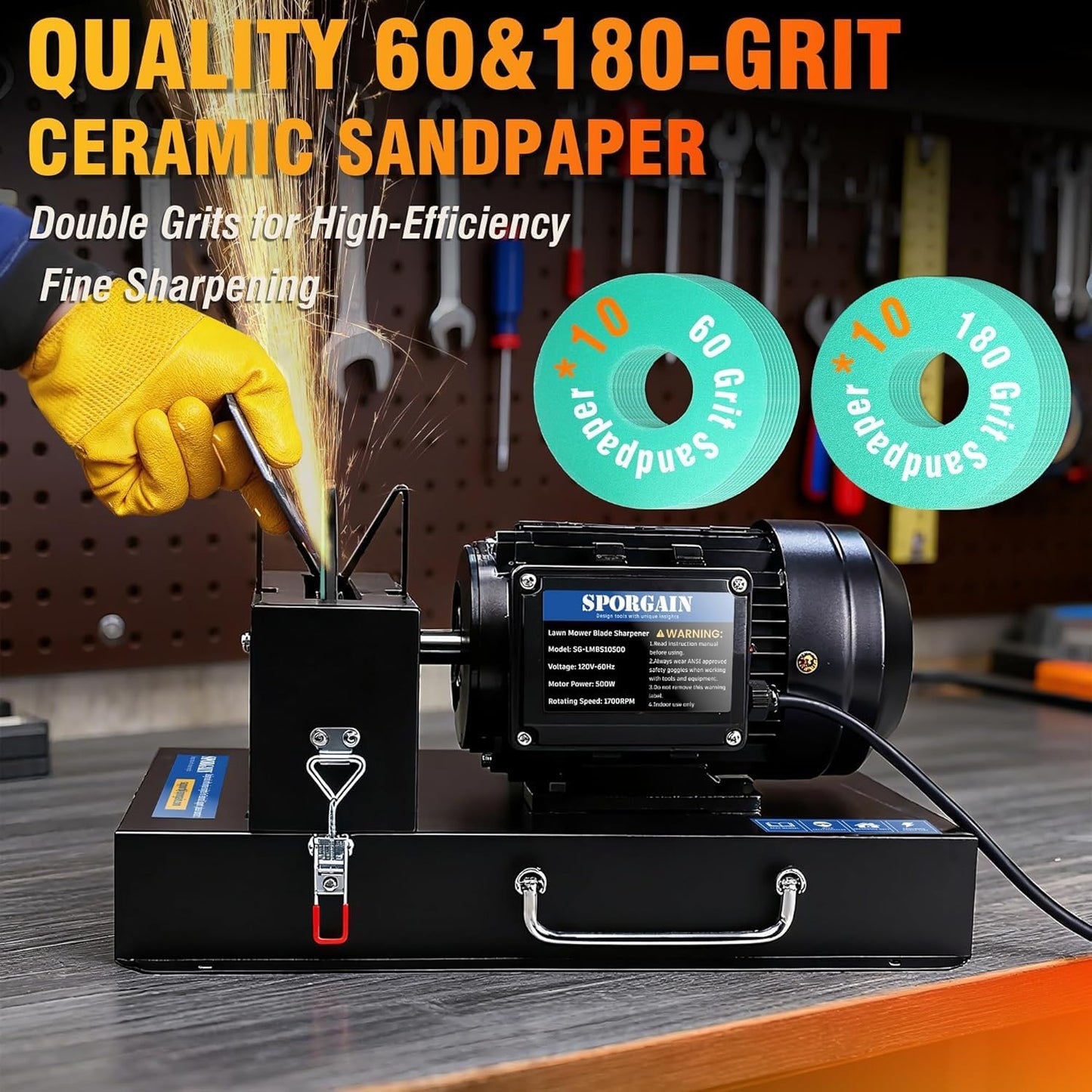 SporGain Lawn Mower Blade Sharpener 2/3 HP, Lawnmower Blade Sharpener with 20 Sandpapers 60/180 Grit, Heavy-Duty Mower Sharpening Machine for High/Low Lift, Gator & Flat Blades