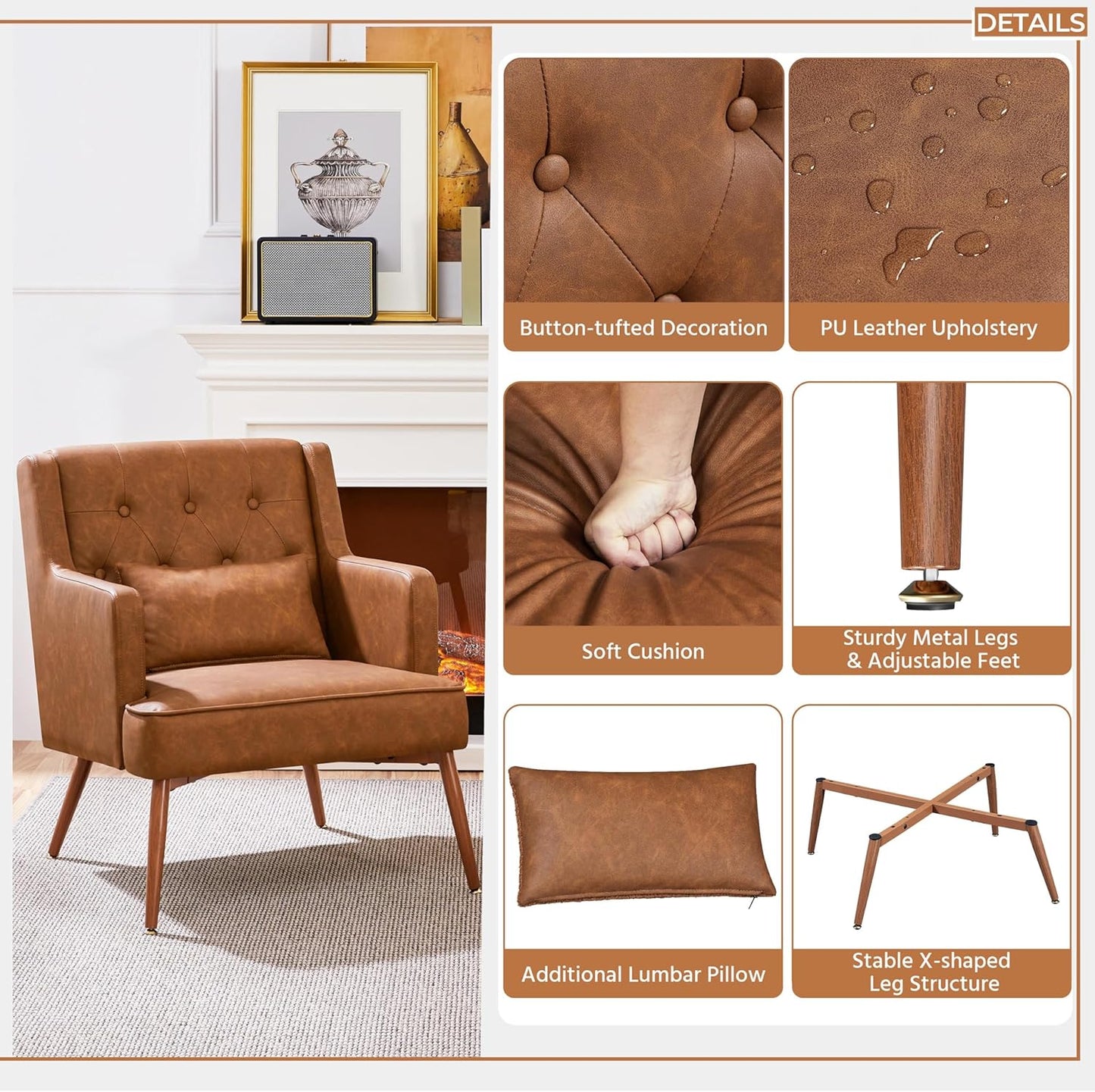 Yaheetech Accent Chair, Living Room Chair Mid Century PU Leather Armchair Lumbar Pillow, Comfy Upholstered Reading Chair Wood Leg Bedroom Brown 2PCS