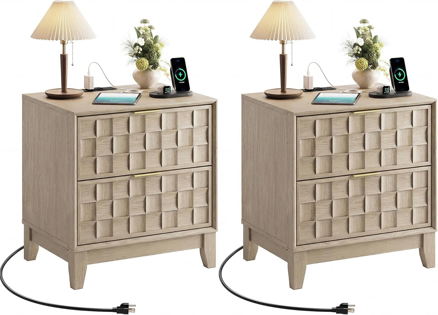 COLAMY Night Stand with Charging Station Set of 2, Modern Nightstand Bedside Table, Wooden 2 Drawers Dresser, with Chessboard Relief and Charger, for Bedroom, Living Room and Small Space - Oak