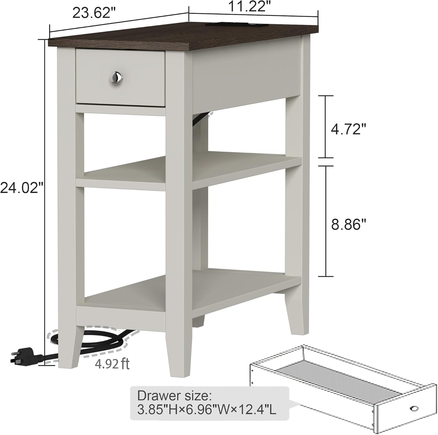 ChooChoo Farmhouse end Table Living Room Set of 2, Sofa Side Table Living Room with Charging Station,Narrow Night Stand with USB Ports & Power Outlets and Hidden Drawer