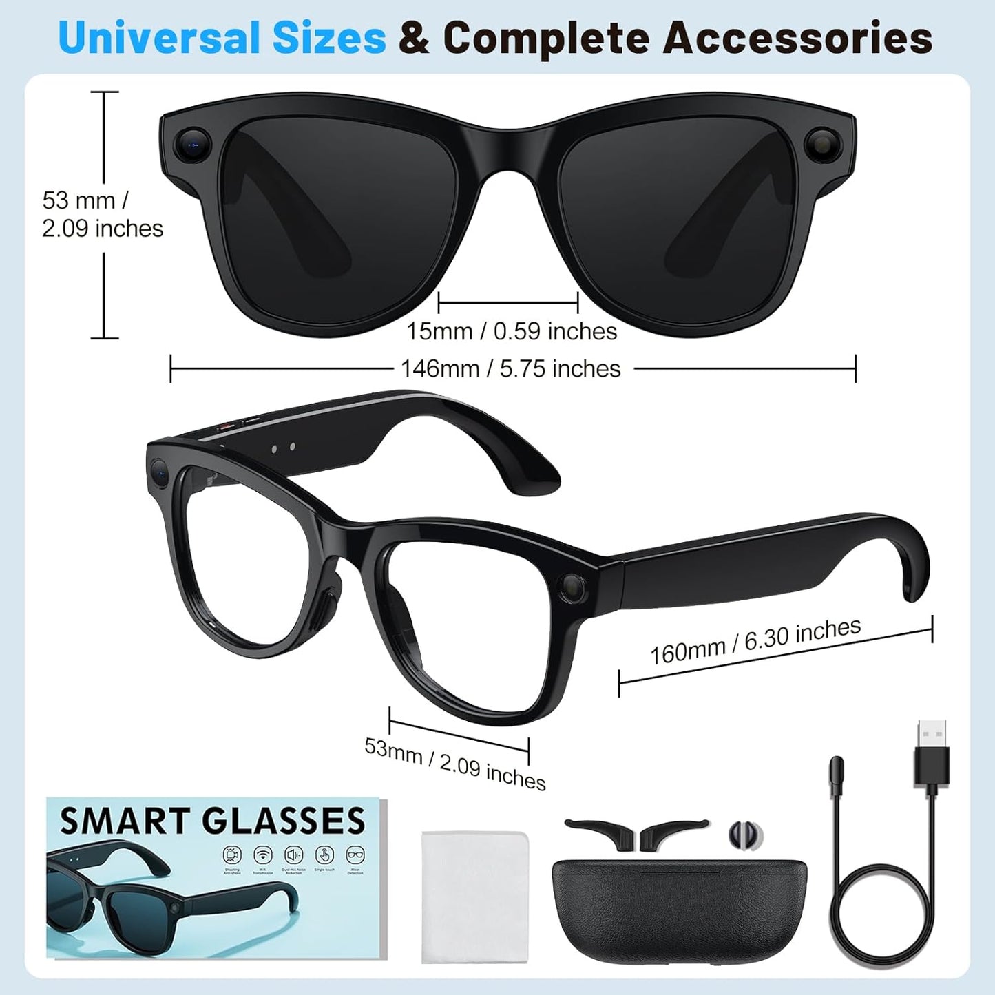 Smart Glasses with Camera with 3600mAh Charging Case, 8MP HD Video Recording with Anti-Shake POV Camera, AI Voice Assistant, Photochromic Glasses with AI Translation for Travel Vlog Business