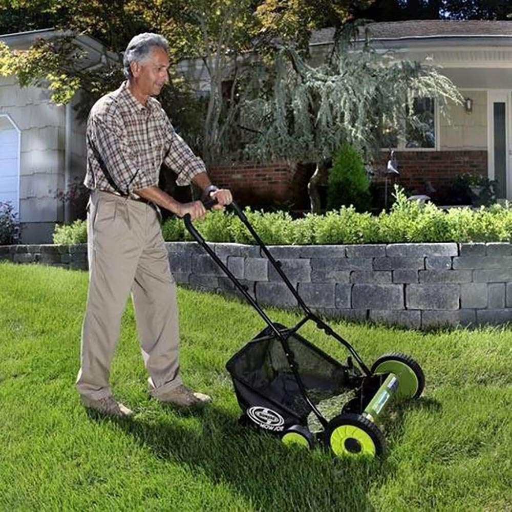 Sun Joe MJ501M w/ 7-Gallon Detachable Grass Catcher, 9-Position Height Adjustment, 5 Steel Blades, Compact Design, 18-Inch Manual, Green/Black