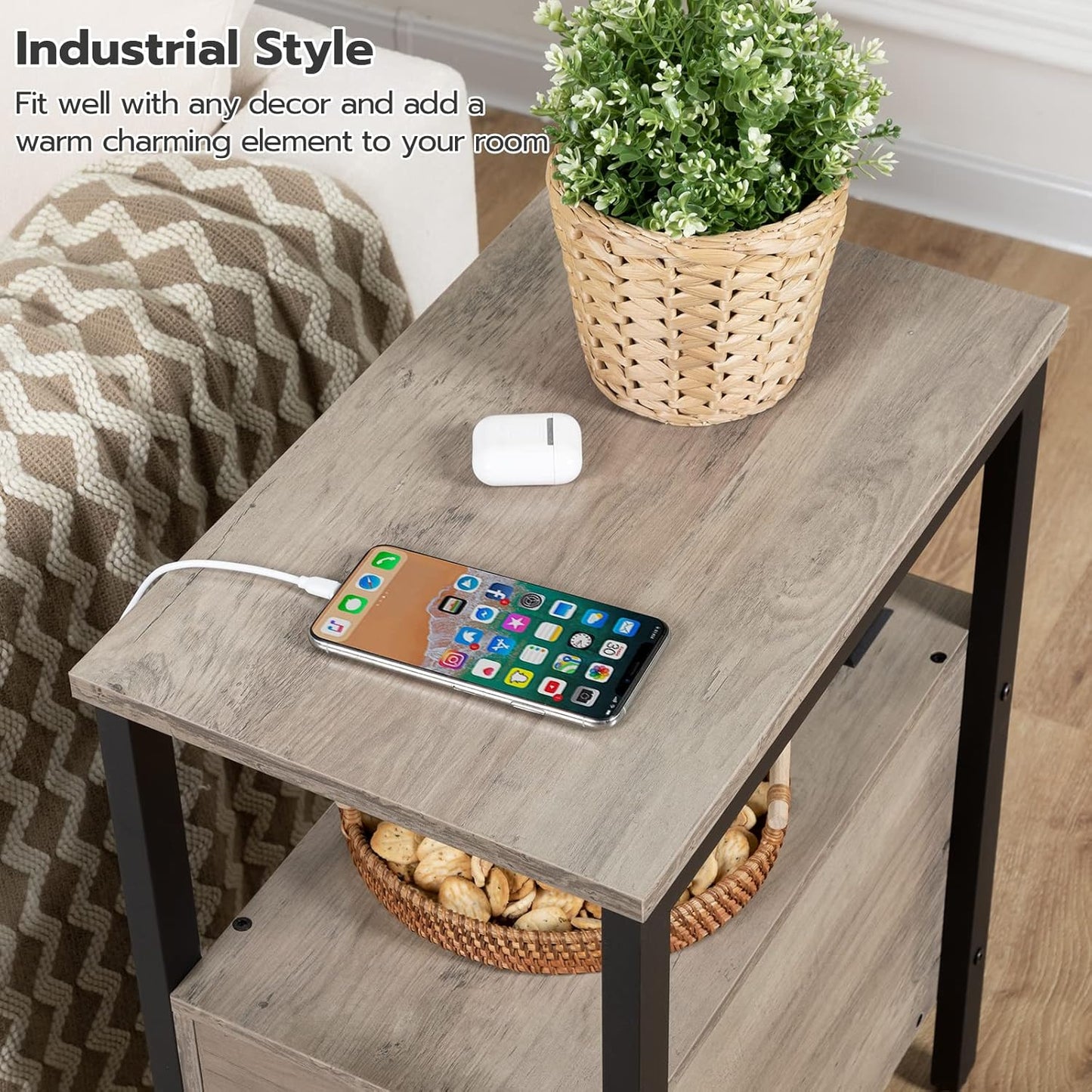 HOOBRO Set of 2 End Tables with Charging Station, Narrow Side Table with Drawers & USB Port & Power Outlets, Nightstand for Small Spaces, Living Room, Stable, Greige and Black BG541BZP201