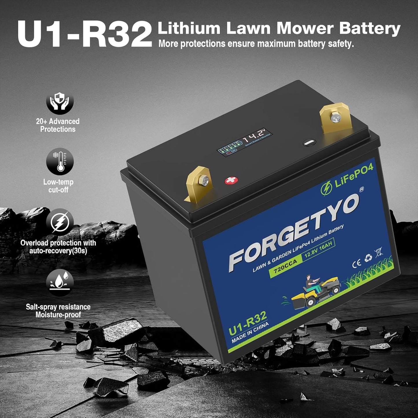 U1 Riding Lawn Mower Battery, 12V 16Ah 720CCA Lithium LiFePO4 Garden Tractor Starting Battery, Compatible with John Deere,Cub Cadet,Craftsman,Troy-Bilt Mower, and Generator