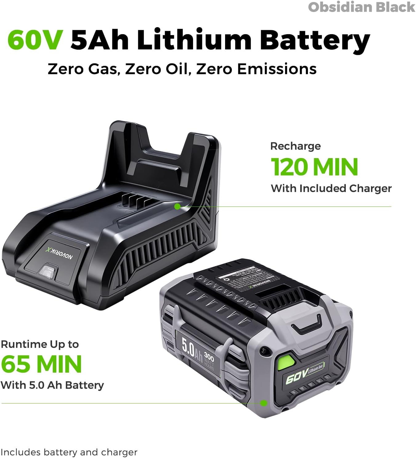 NovorikX 60V 5Ah Self-Propelled Electric Cordless Lawn Mower with 5.0Ah Battery 21-Inch, Brushless Mower for Large Yards, LED Headlight, Rapid Charger 3-in-1 Versatility Obsidian Series