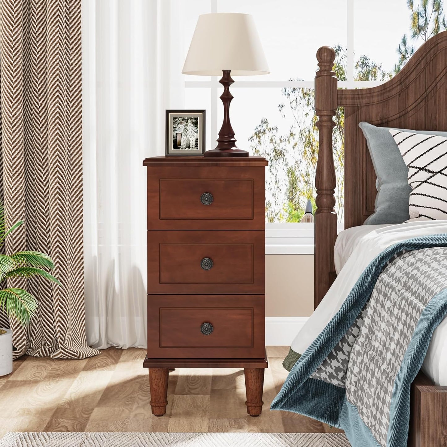 Tribesigns Solid Wood End Table Set of 2, Fully Assembled Narrow Side Table with Drawers, Pre-Assembled Nightstand Slim Bedside Table for Small Spaces, Living Room, Bedroom, Brown