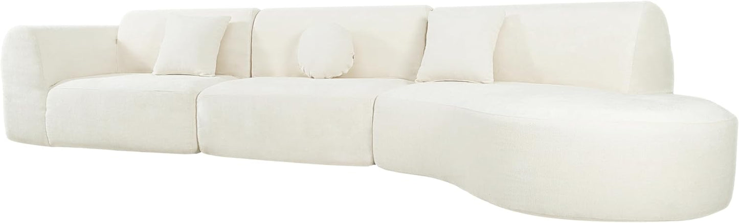 Merax 140" Curved Polyester Sectional Sofa Set, Modern Cloud Couch with Chaise Lounge & 3 Pillows, Fully Assembled for Living Room, Beige