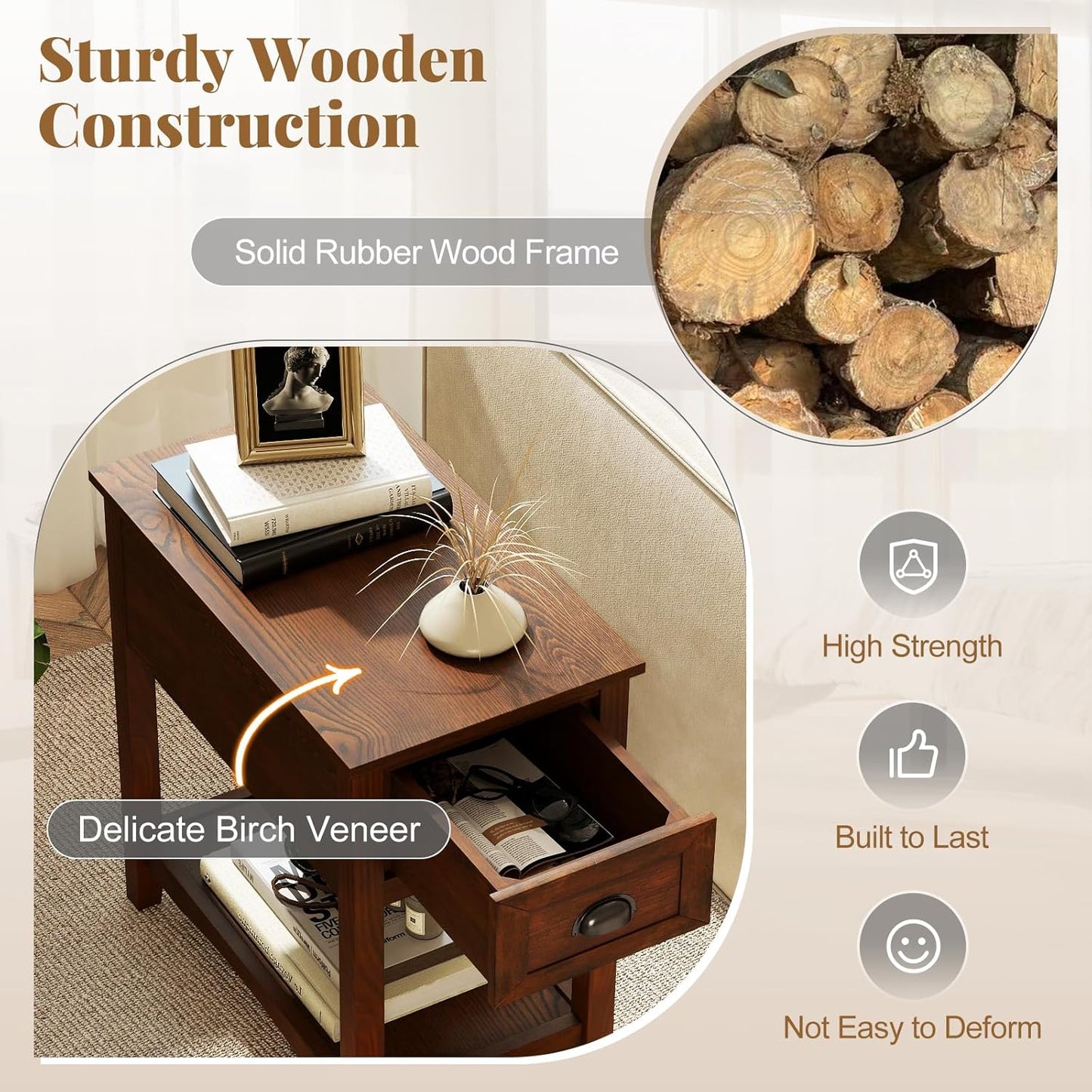 Giantex End Table with Drawer Set of 2, Retro Narrow Side Table, Nightstand with Solid Wood & Storage Shelf, Bedside Table for Living Room Bedroom Small Space Home Office (2, Walnut)