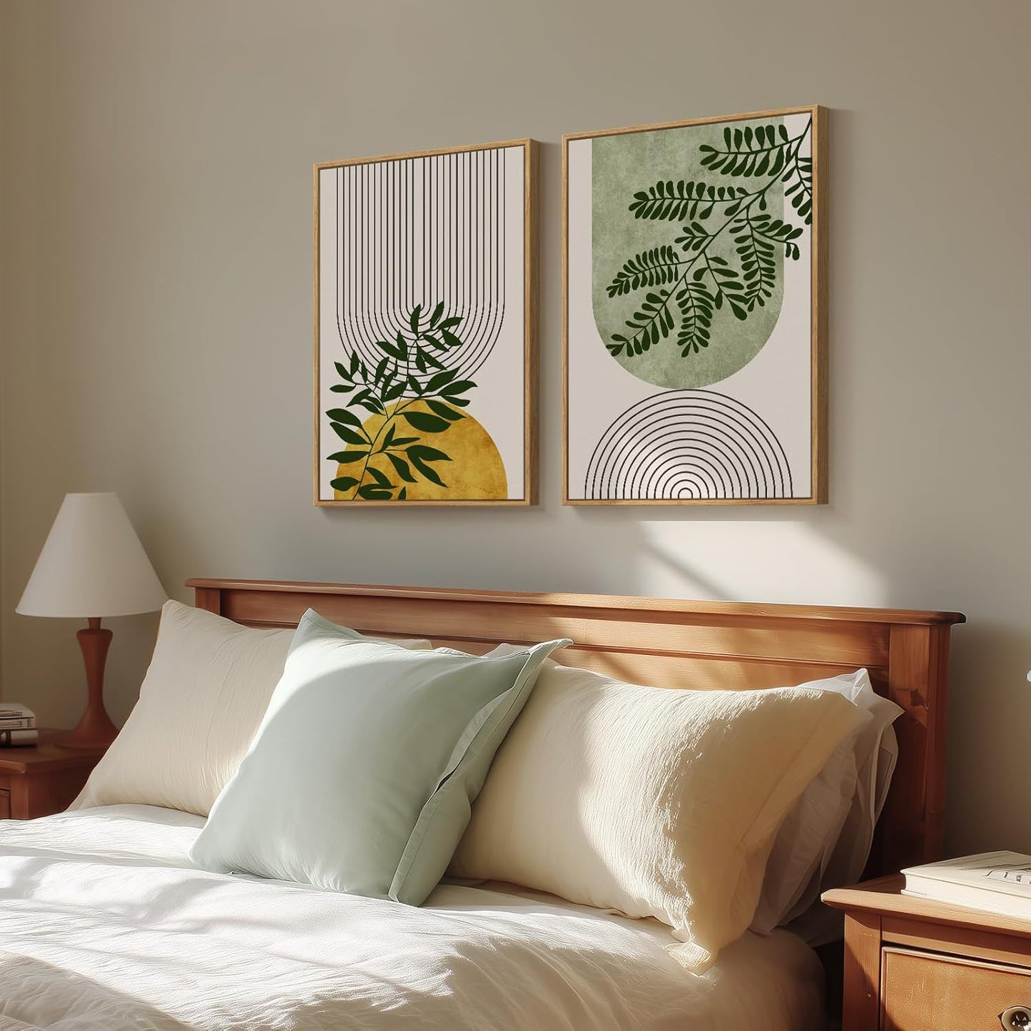 Framed Green Boho Wall Art for Living Room, Set of 2 Neutral Bohemian Botanical Geometric Artwork for Walls, Large Mid Century Modern Canvas Painting Print Wall Decor for Bedroom Office, 20x30 Inch