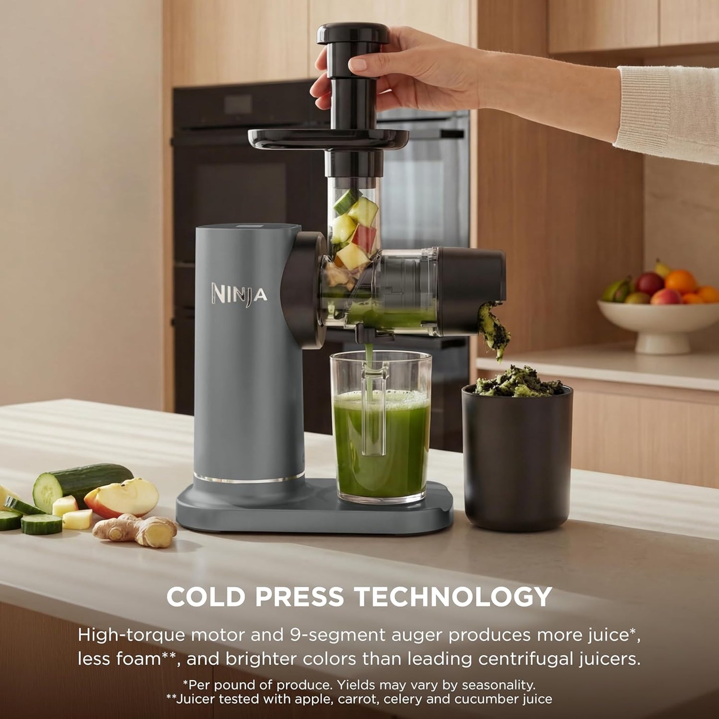 Ninja NeverClog Cold Press Juicer | Powerful Electric Slow Masticating Juicer with Pulp Control | XL Capacity | 24 oz. Juice Jug & 36 oz. Pulp Container | Dishwasher Safe | Charcoal | 150W | JC151