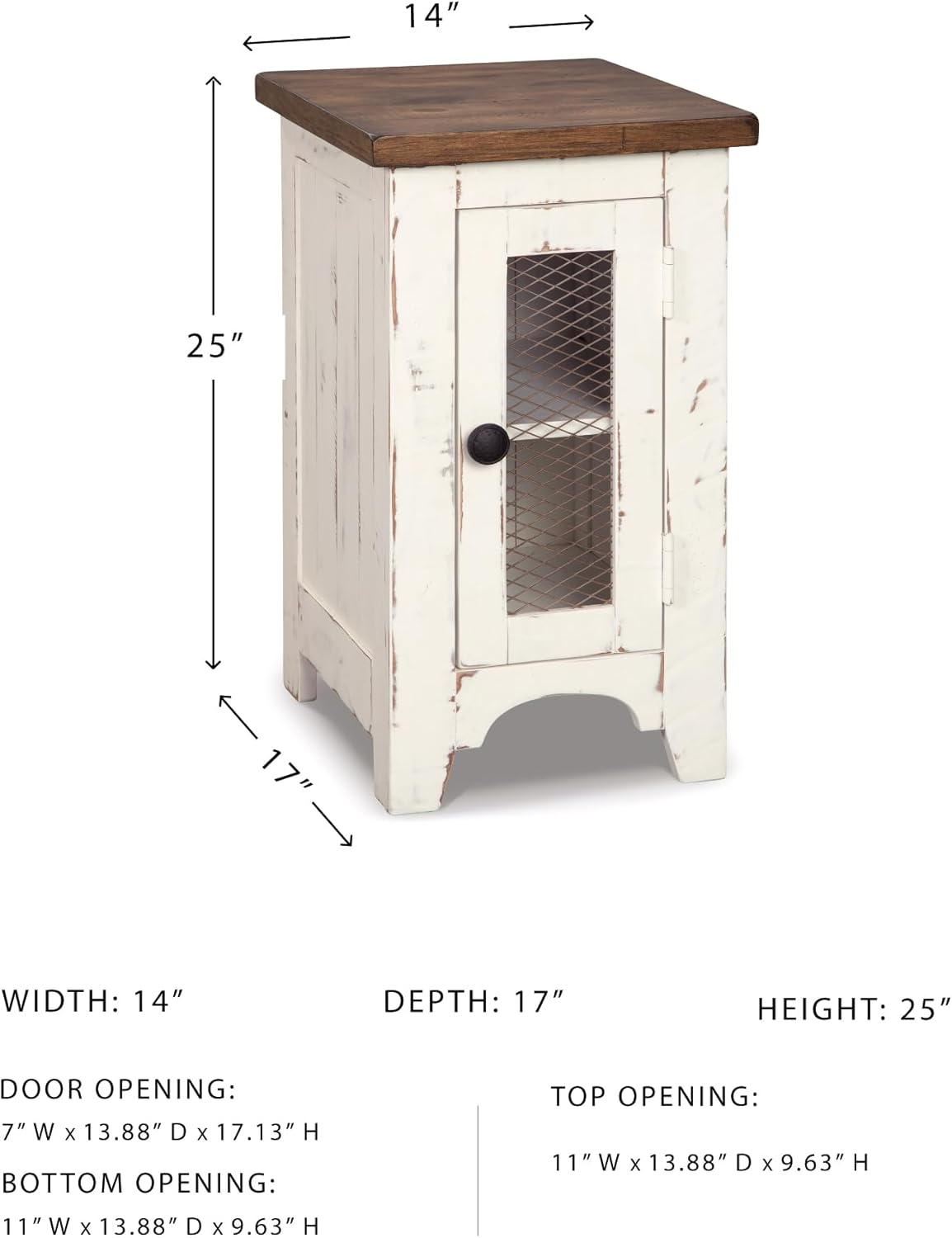 Signature Design by Ashley Wystfield Farmhouse Chair Side End Table with Cabinet Door for Storage, White & Brown with Distressed Finish