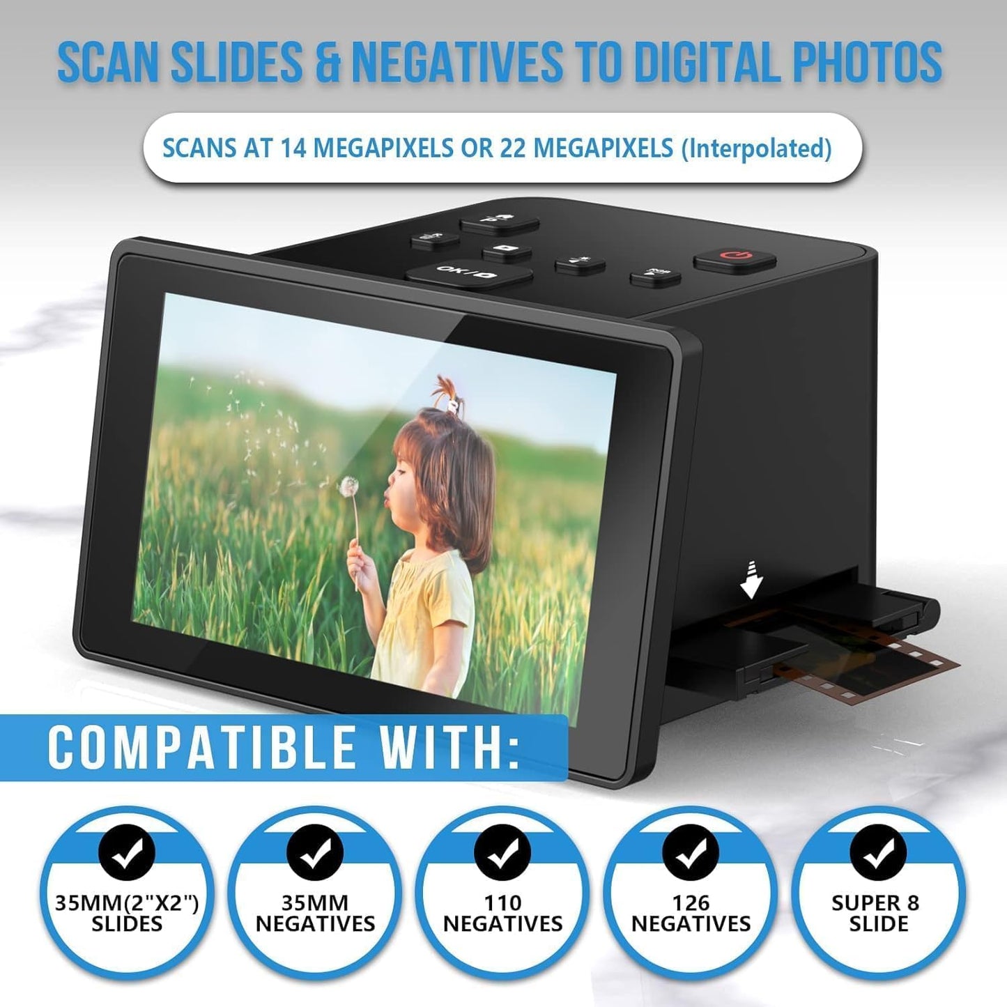 Film and Slide Scanner – Convert 35mm, 126, 110 Film Negatives & Slides to 22MP Digital Photos – Negative Scanner with 5” LCD, Easy-Load Inserts – Quickly Convert Negatives & Slides
