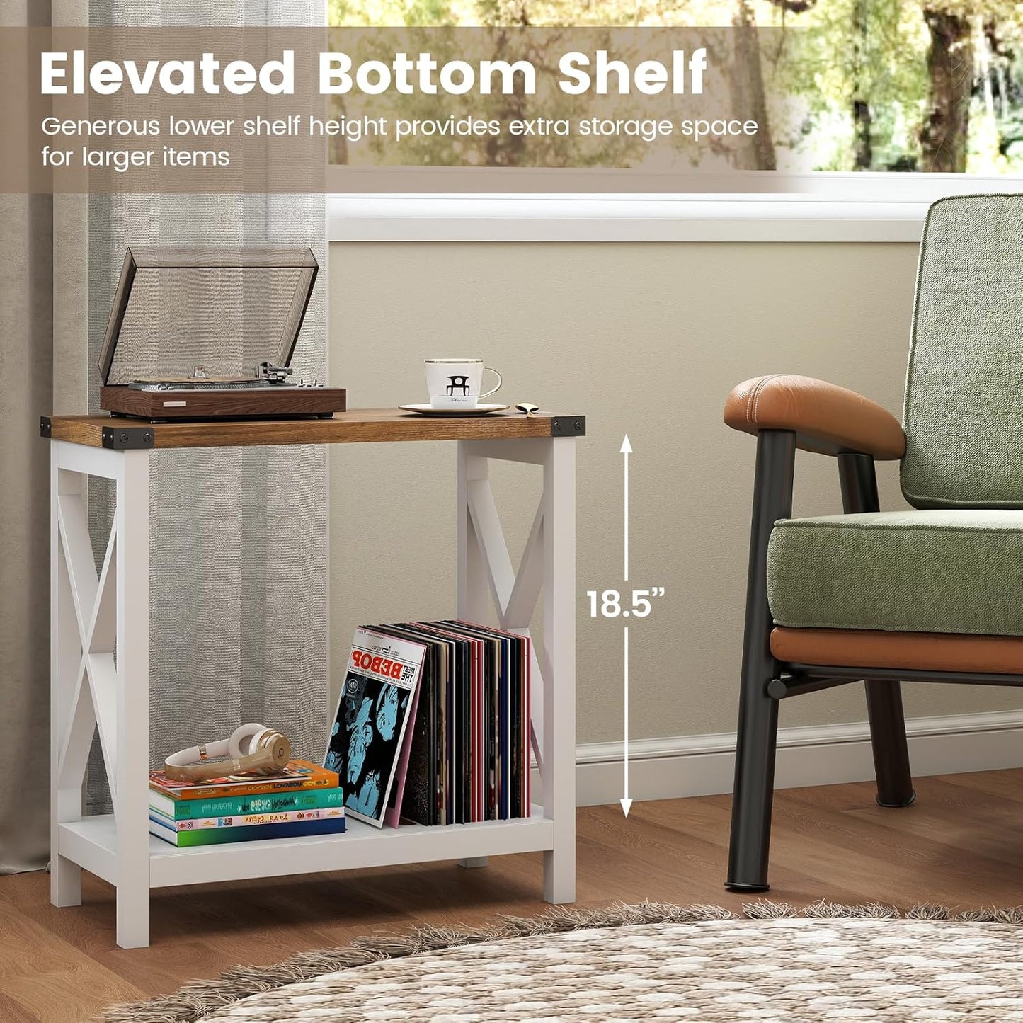 Hadulcet Farmhouse End Tables Living Room Set of 2, Narrow Side Table with Charging Station, Slim Nightstand for Small Space, Skinny Bedside Table, Sofa Side Table with Storage Shelf, White & Brown