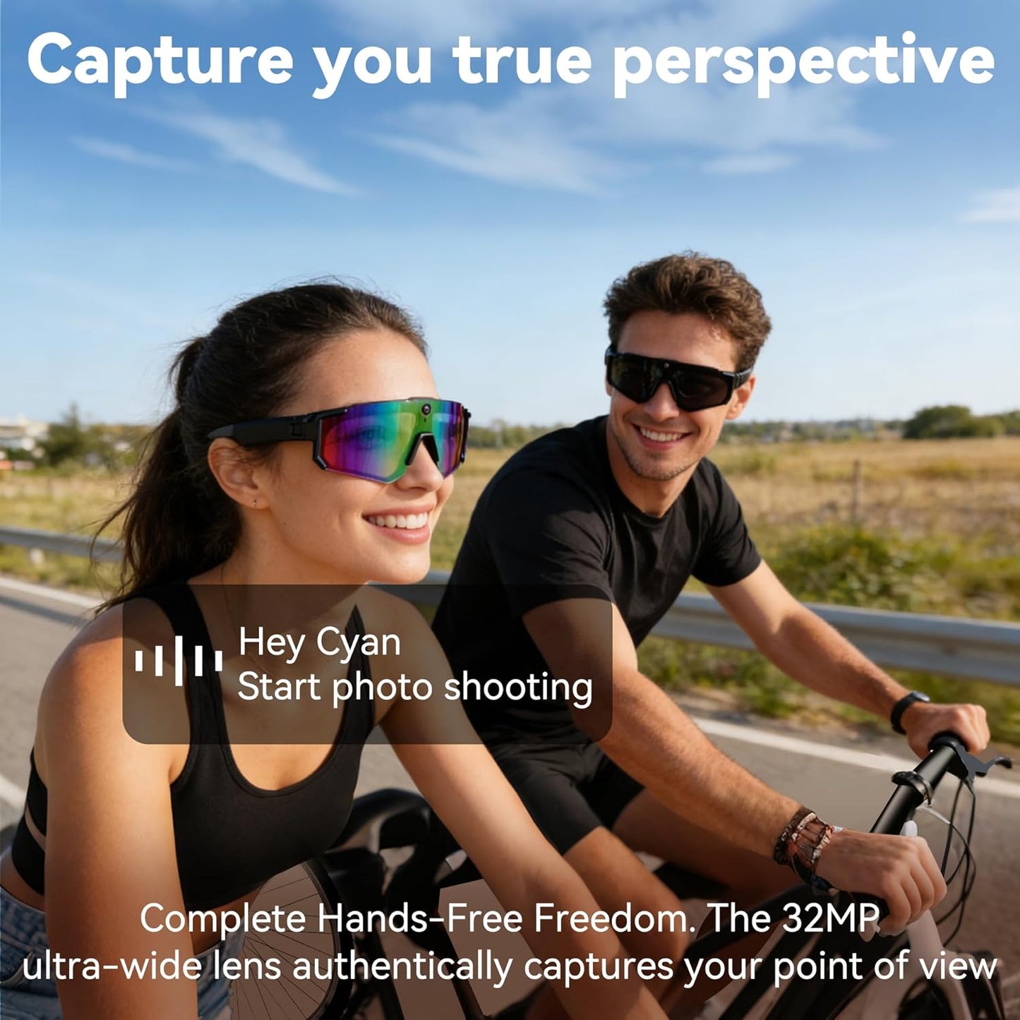 AI Smart Glasses with 32MP Camera, Video Recording Glasses with Voice Control, Built-in Microphone, AI Voice Assistant, UV Protection, for Cycling & Hiking