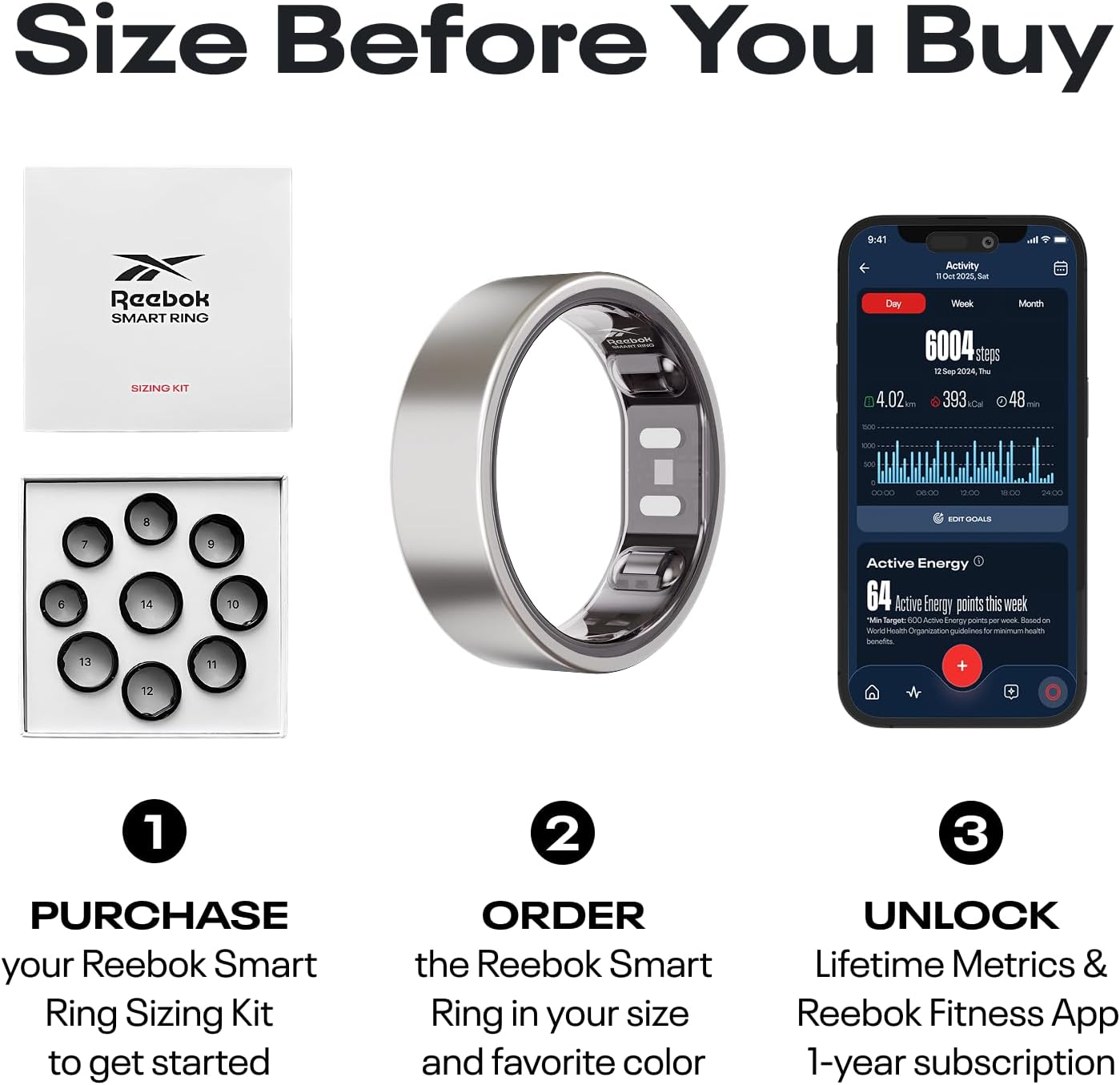 Reebok Smart Ring for Women or Men - Shiny Gold, Size 10 Fitness Ring - The Next Generation of Wearable Technology - Fitness and Sleep Tracker - Monitors Wellbeing and Recovery