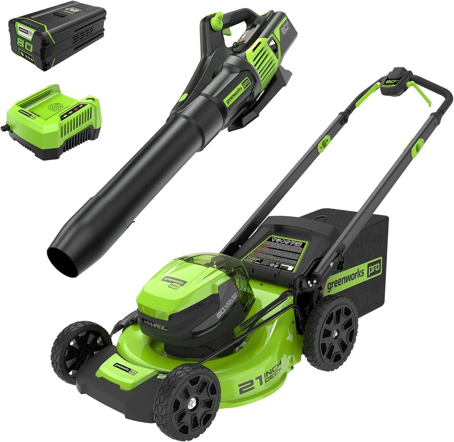 Greenworks 80V 21" Cordless Battery Push Lawn Mower,730 CFM Cordless Battery Leaf Blower,Combo Kit w/(1) 4Ah Battery & (1) 4A Rapid Charger