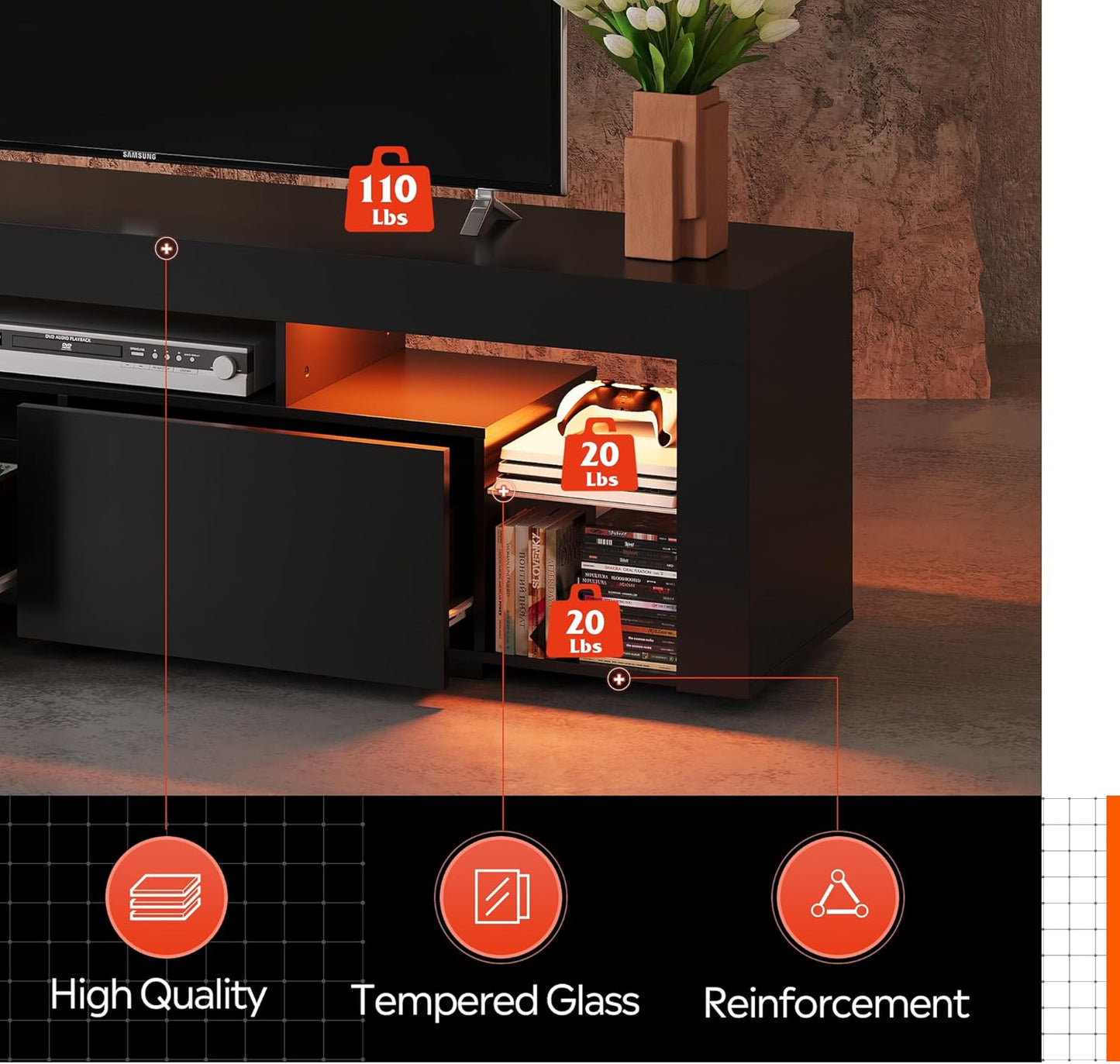 WLIVE 63 inch TV Stand for 50 55 60 65 70 Inch TVs, Modern Entertainment Center with LED Lights & 2 Large Storage Drawers, TV Console Gaming Media Television Stands for Living Room, Bedroom(Black)