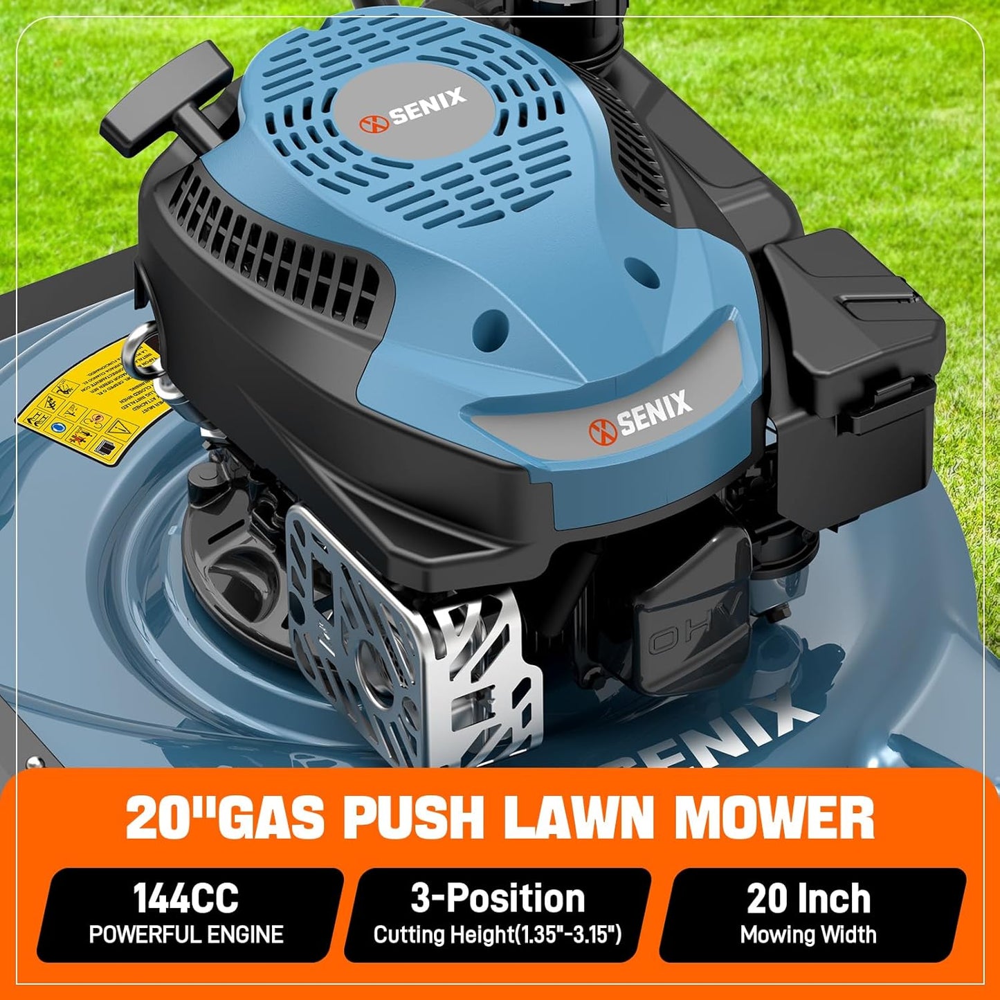 SENIX Lawn Mower, 20" 144 cc Push Mower Gas, 4-Cycle Engine Walk-Behind Push Lawn Mowers, 3 Position Height Adjustment for 1/4 Acre Small Yard Garden, cortadora de pasto