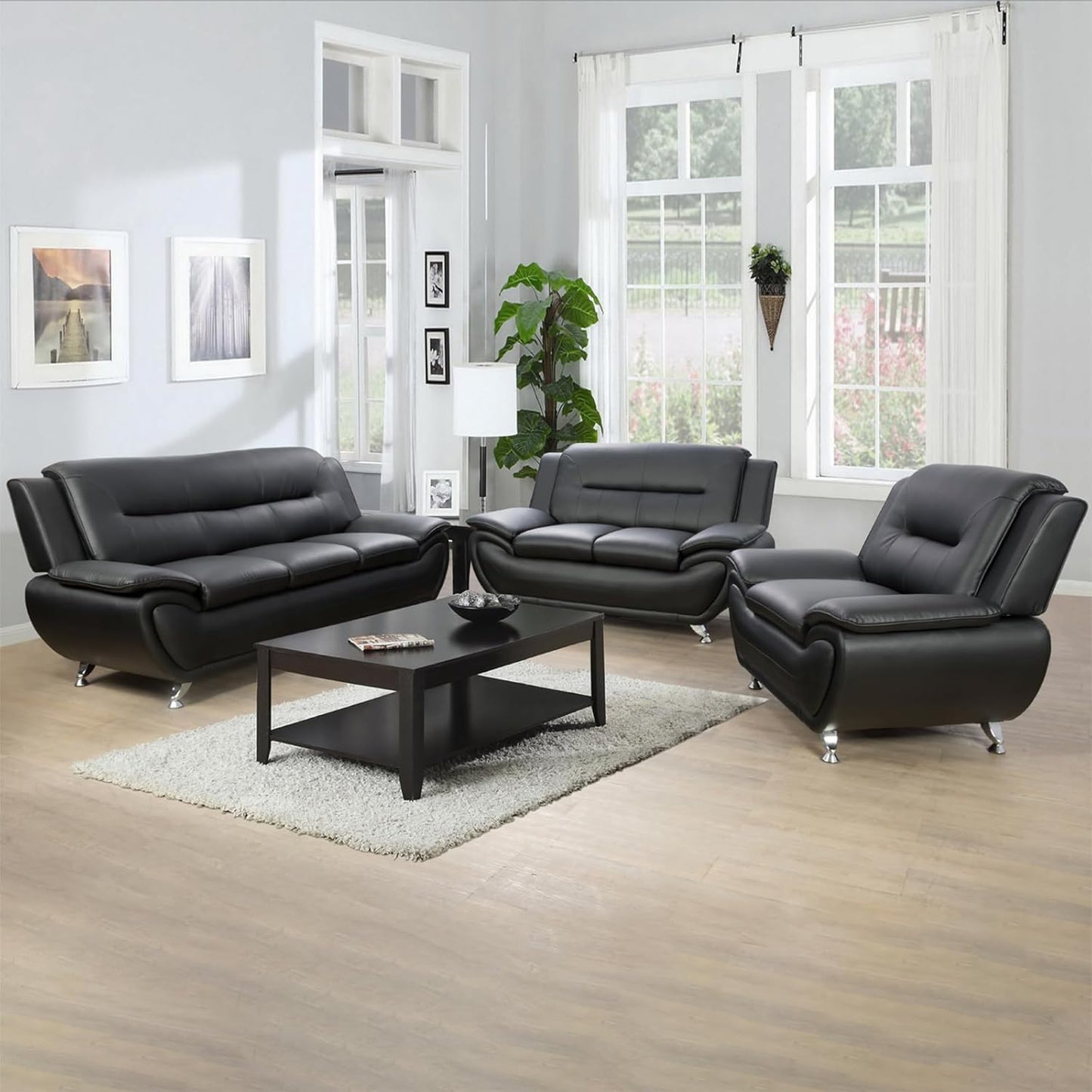 Modern Leather Sofa Set, Living Room Furniture, 3 - Piece Couch Set, Faux Leather Couch Loveseat Chair Set with Sturdy Legs for Living Room/Bedroom/Office,Black