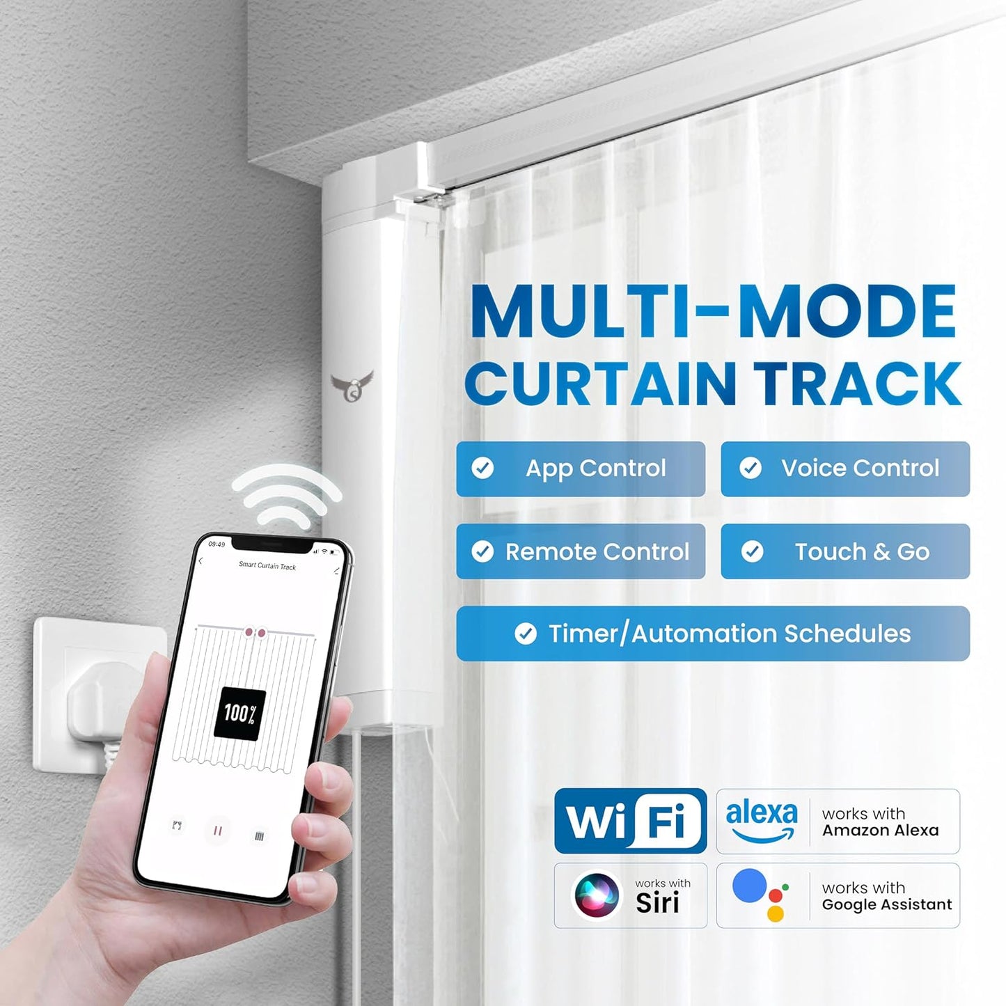 Osprey.Life Smart Motorized Curtain Track, 71-130in, No-Cut Adjustable Electric Rail, ~33dB Quiet Motor, Remote & App Control, Alexa, Google Assistant & Siri, Ceiling/Wall Mount (Center Opening)