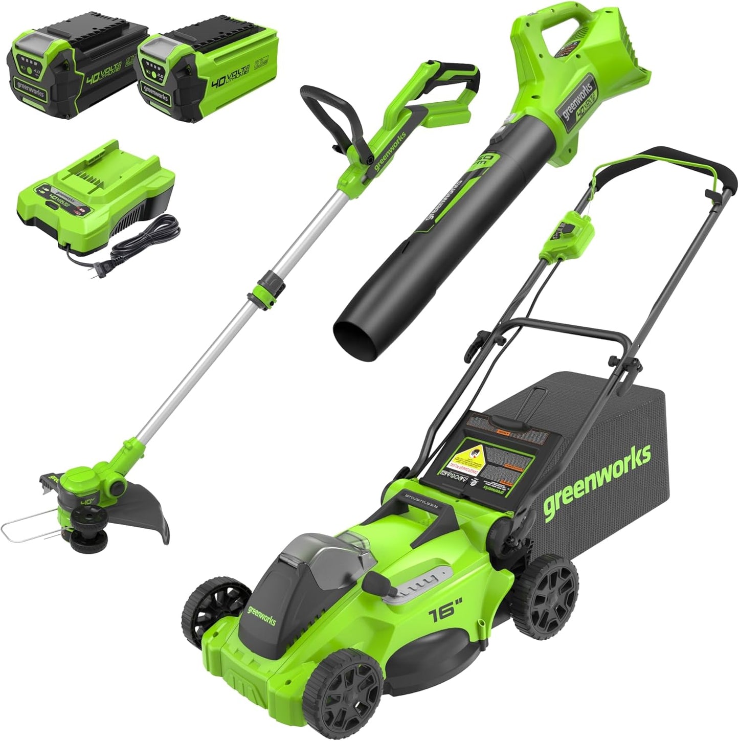 Greenworks 40V 16" Brushless Cordless (Push) Lawn Mower + Blower (350 CFM) + 13" String Trimmer (Bonus Spools), 4.0Ah + 2.0Ah Battery and Charger Included (75+ Compatible Tools)