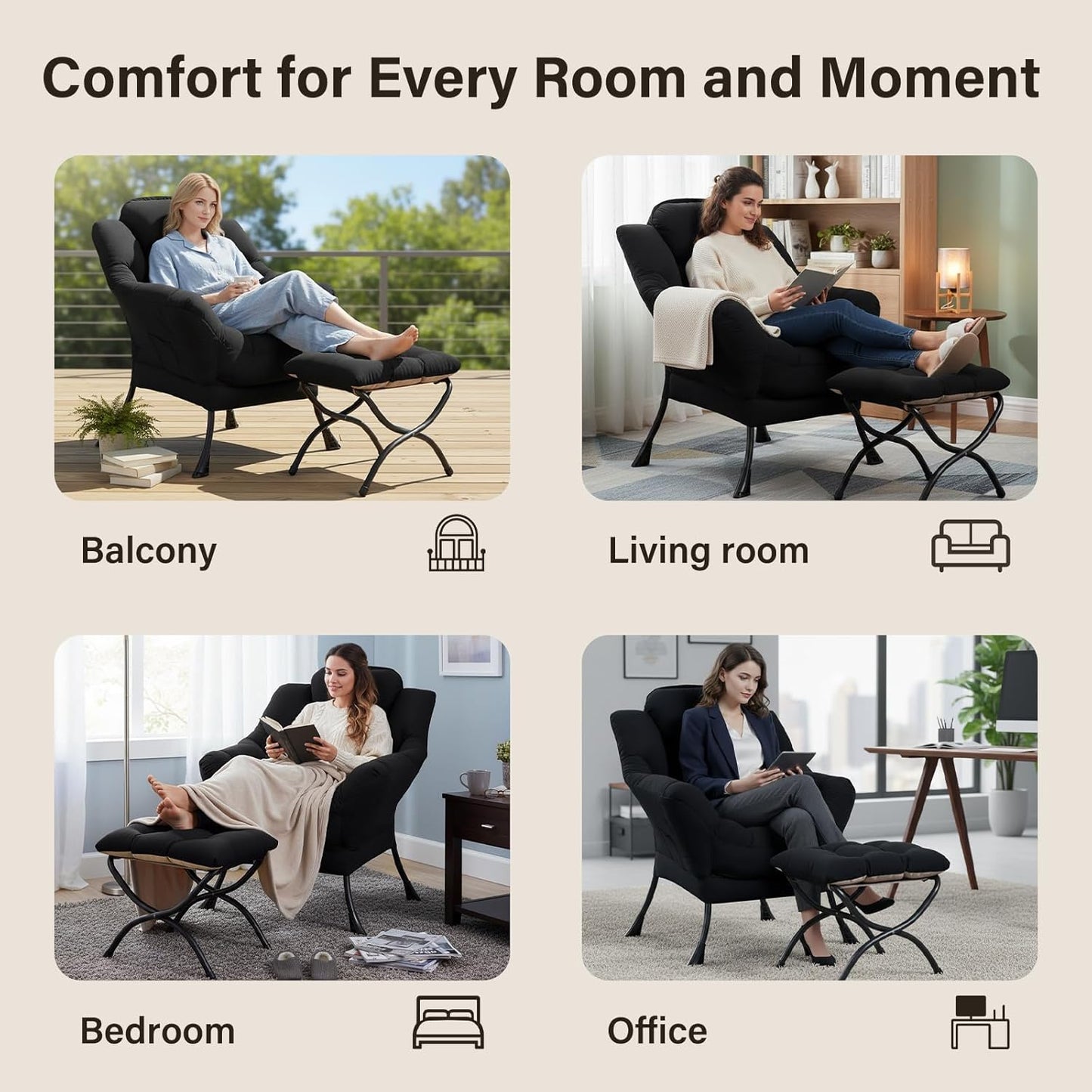Lazy Chair with Ottoman, Modern Accent Chair Contemporary Lounge Leisure Sofa Chair with Armrests, Reading Chair and Folding Footstool Set for Living Room, Bedroom, Office, Black