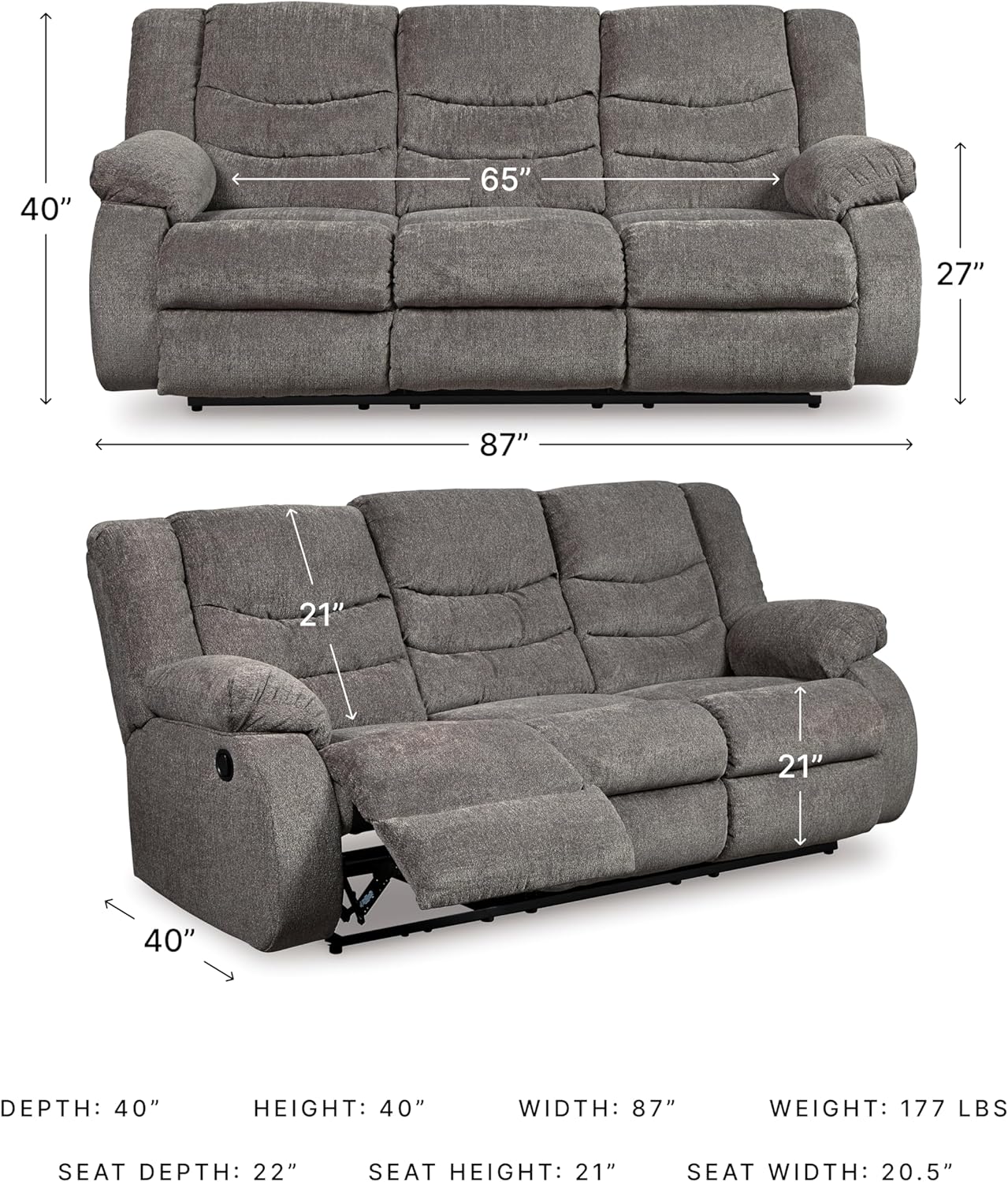 Signature Design by Ashley Tulen Modern Manual Pull Tab Reclining Sofa, Dark Gray