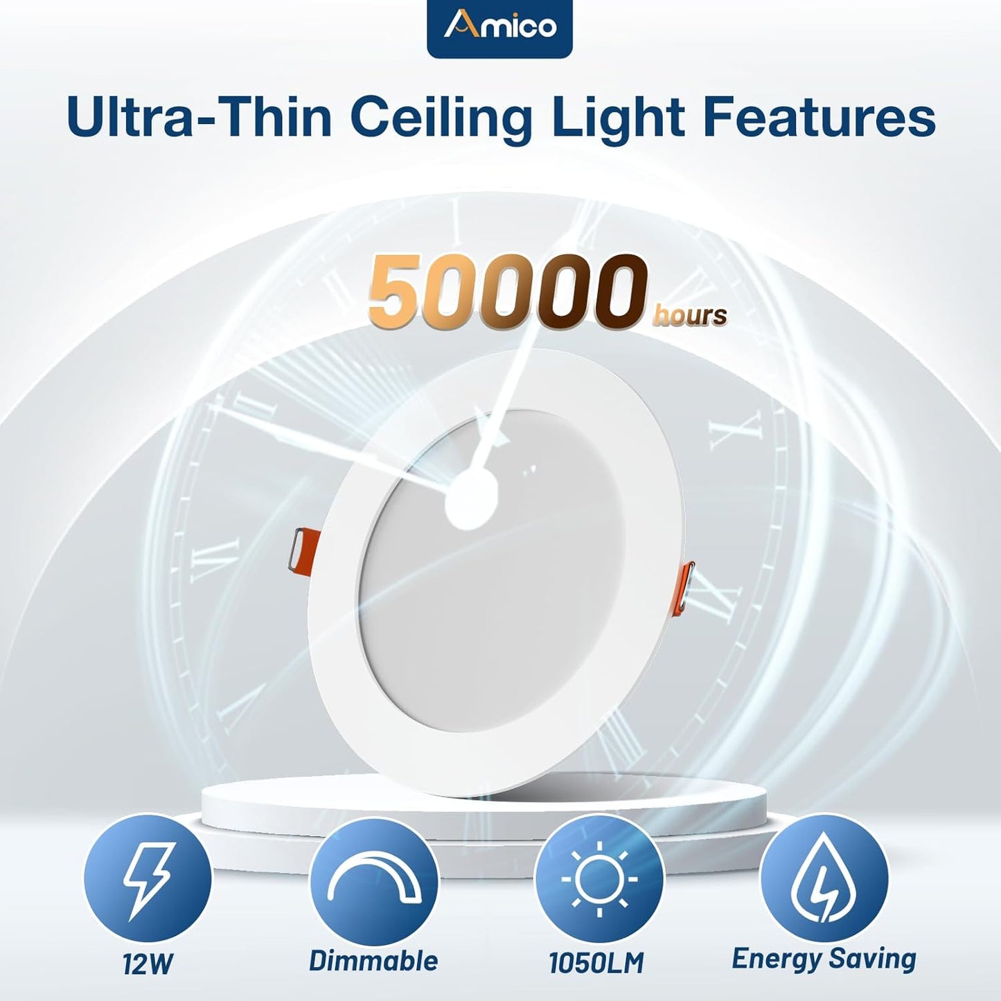 Amico 24 Pack 6 Inch 5CCT Ultra-Thin LED Recessed Ceiling Light with Junction Box, 2700K/3000K/3500K/4000K/5000K Selectable, 1050 Lumens, Dimmable Canless Wafer Downlight, 12W Eqv 110W-ETL&FCC