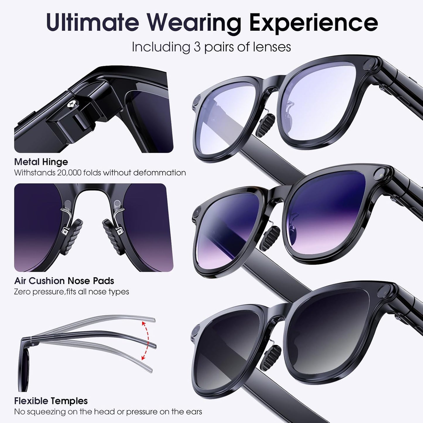 AI Smart Glasses with Camera, 8MP Camera Glasses for Life Vlog Travel Work, 4K Video Recording Sunglasses for Women Men, Real-Time Translation, Voice Assistant, Hands-Free Calls,Open-Ear Audio, 3 Lens