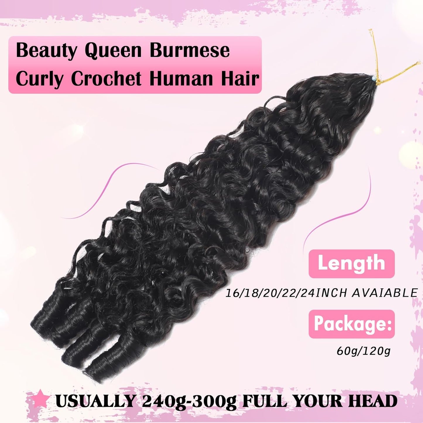 Beauty Queen Burmese Curly Crochet Human Hair 20 Inch 120g Knotless Pre-Separated Feather Human Hair Crochet Bundles 3C4A Lightweight Reusable Remy Hair Extensions for Women Natural Black Color