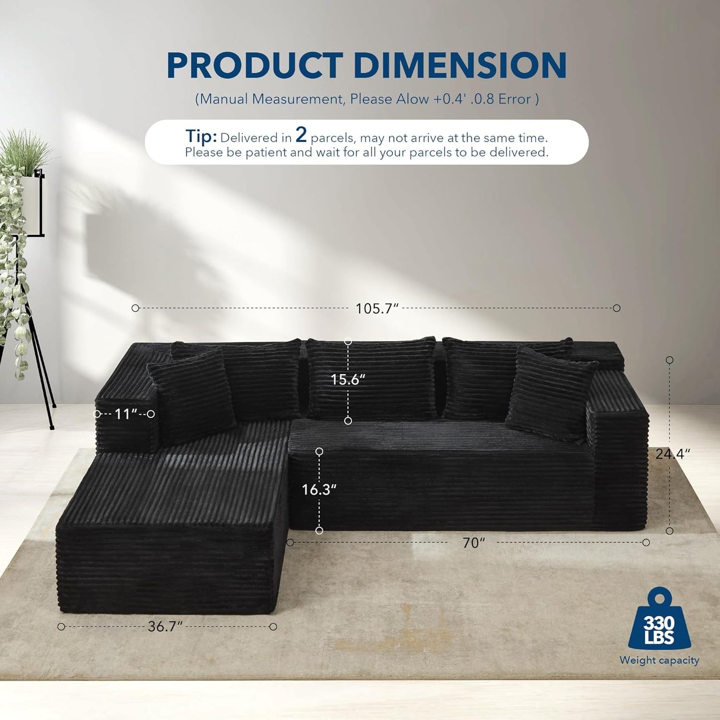 Boneless Couch, 106" Left Corduroy Cloud Couch Sectional .Vacuum Compressed Couch, L-Shaped Modular Sectional Couch with Chaise Lounge, Boneless Couch for Living Room, Comfy Compact Sofa Set