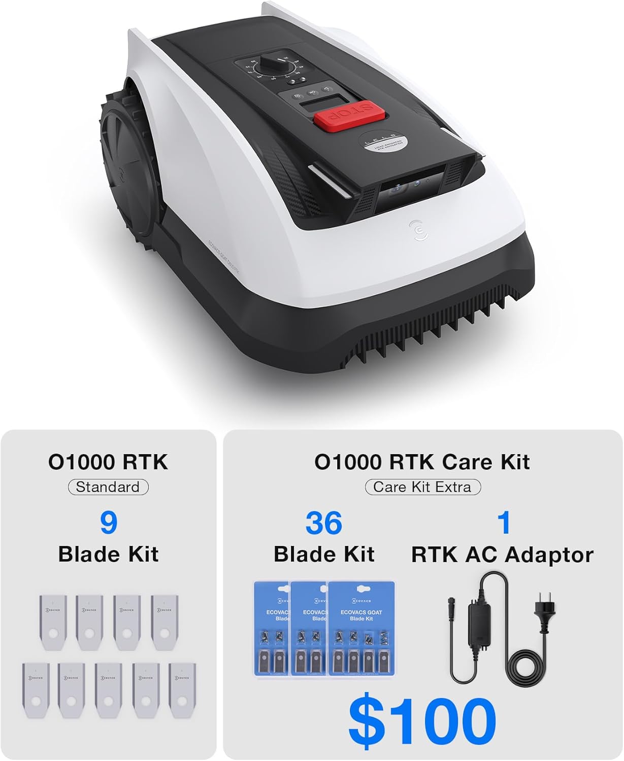 ECOVACS Goat O1000 RTK Care Kit Robotic Lawn Mower with RTK Precision Navigation, No Perimeter Wire, Smart App Control, Auto Mapping, Multi-Zone Management – Includes 36 Extra Blades