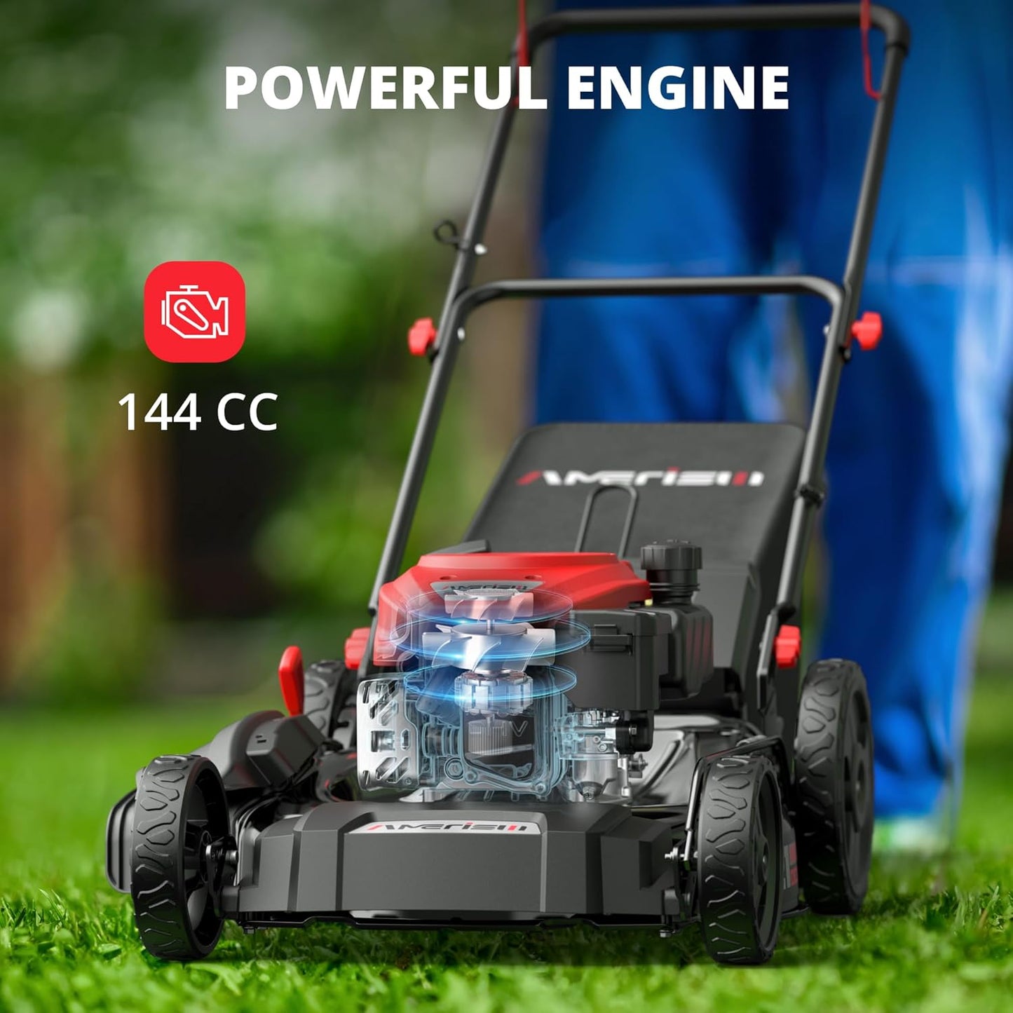 AMERISUN 21-Inch 3IN1 Push Gas Lawn Mower with Mulching, Bagging & Side Discharge, 144cc 4-Stroke OHV Engine, Adjustable 6-Height Cutting, 1.4 Bushel Grass Catcher, Residential Yard & Garden Use
